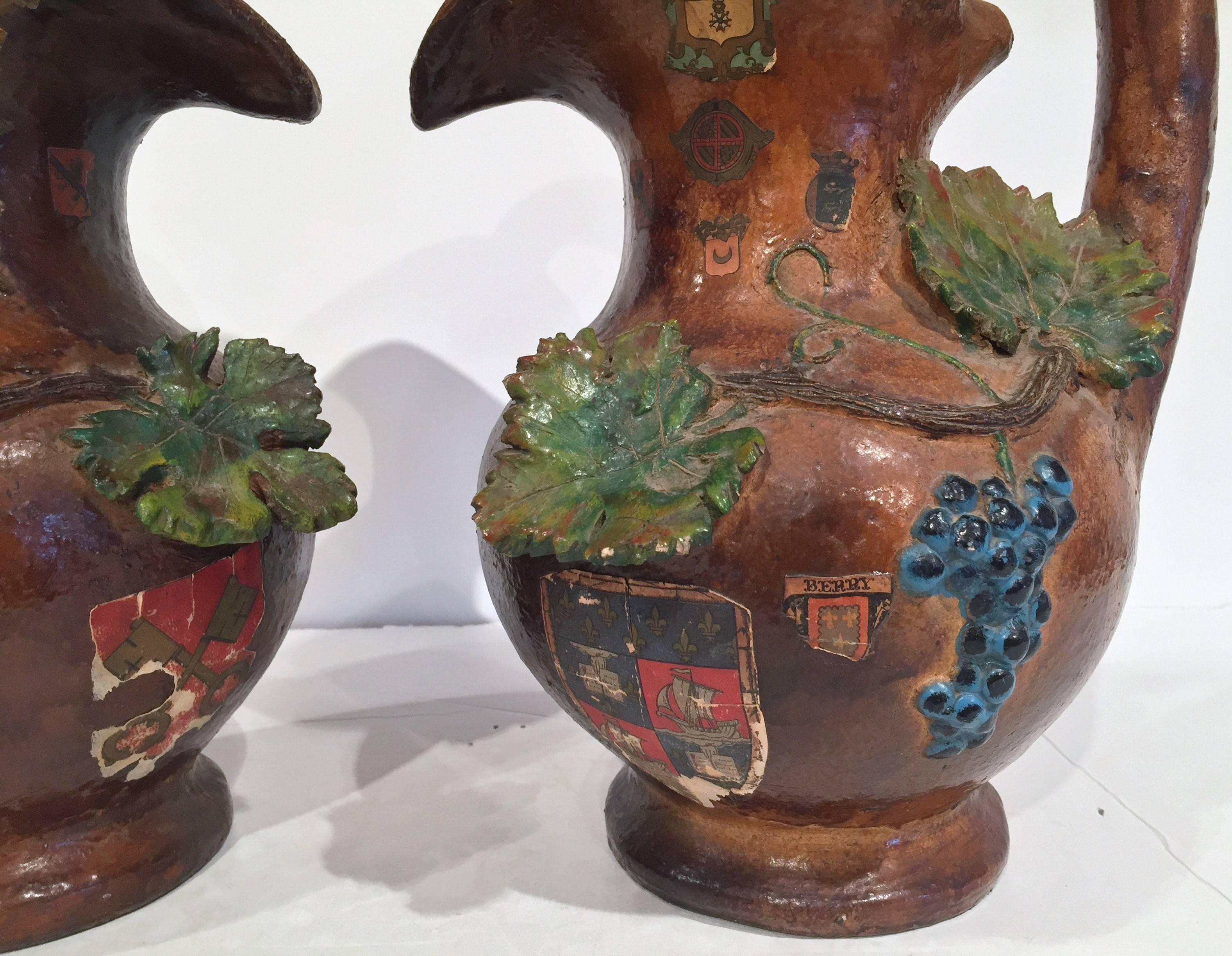 Hand-Carved Pair of 19th Century French Painted Barbotine Wine Pitchers with Grapes & Vines