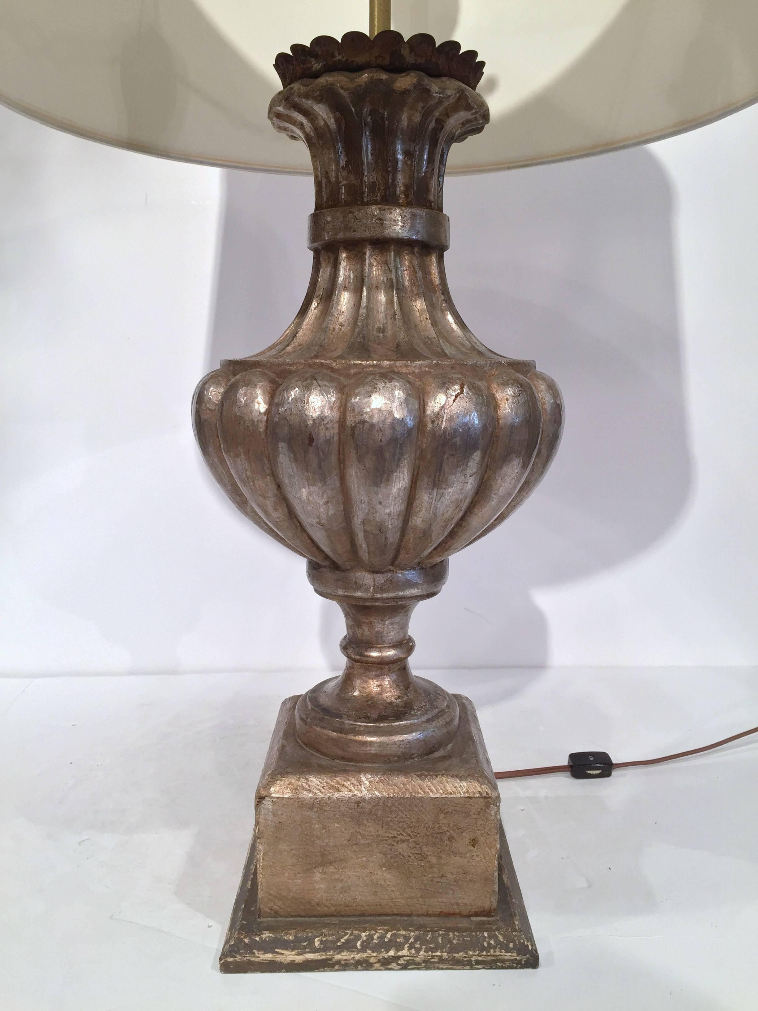 Pair of Italian Carved Lamp Bases with Silver Leaf Finish In Excellent Condition In Dallas, TX