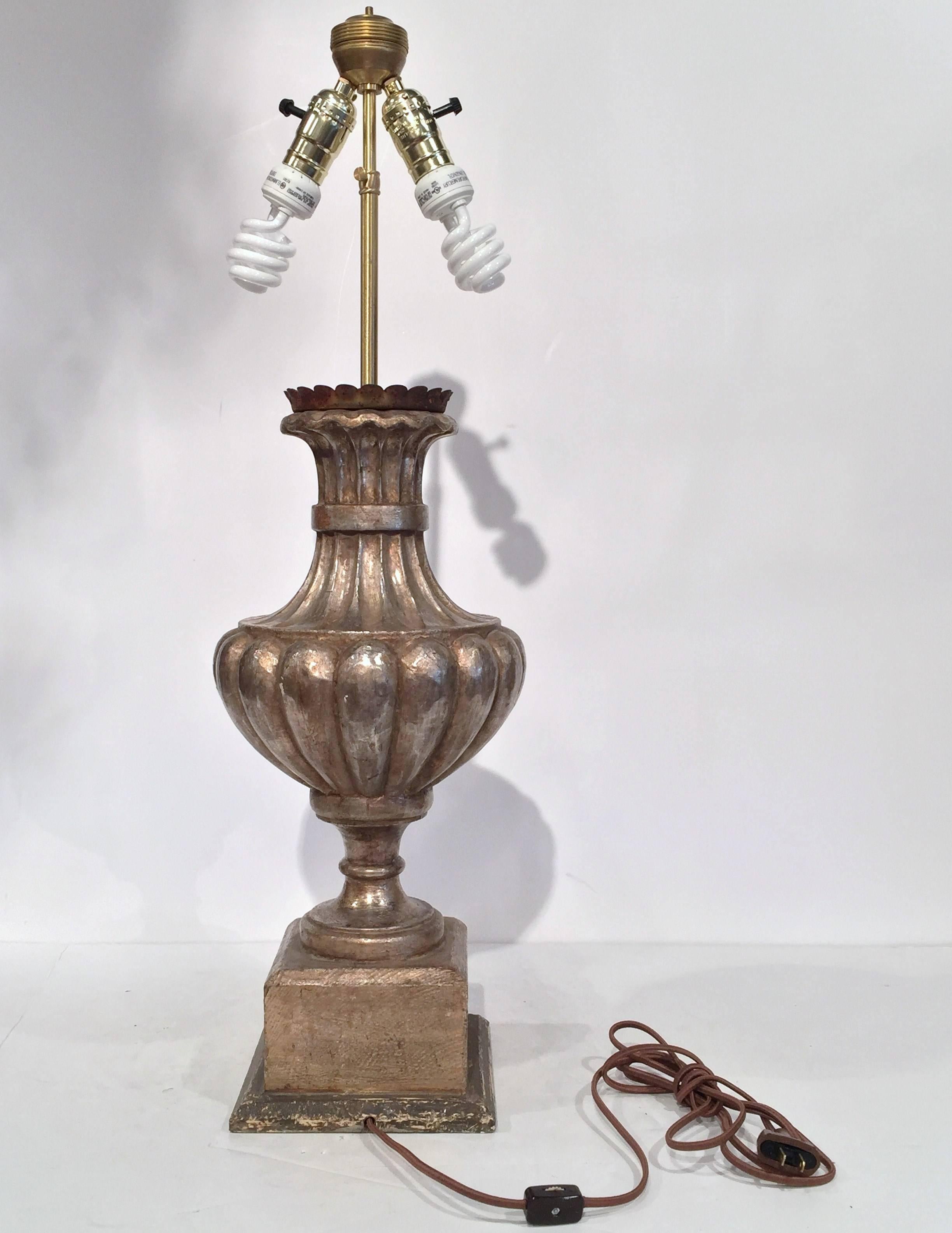 Pair of Italian Carved Lamp Bases with Silver Leaf Finish 2