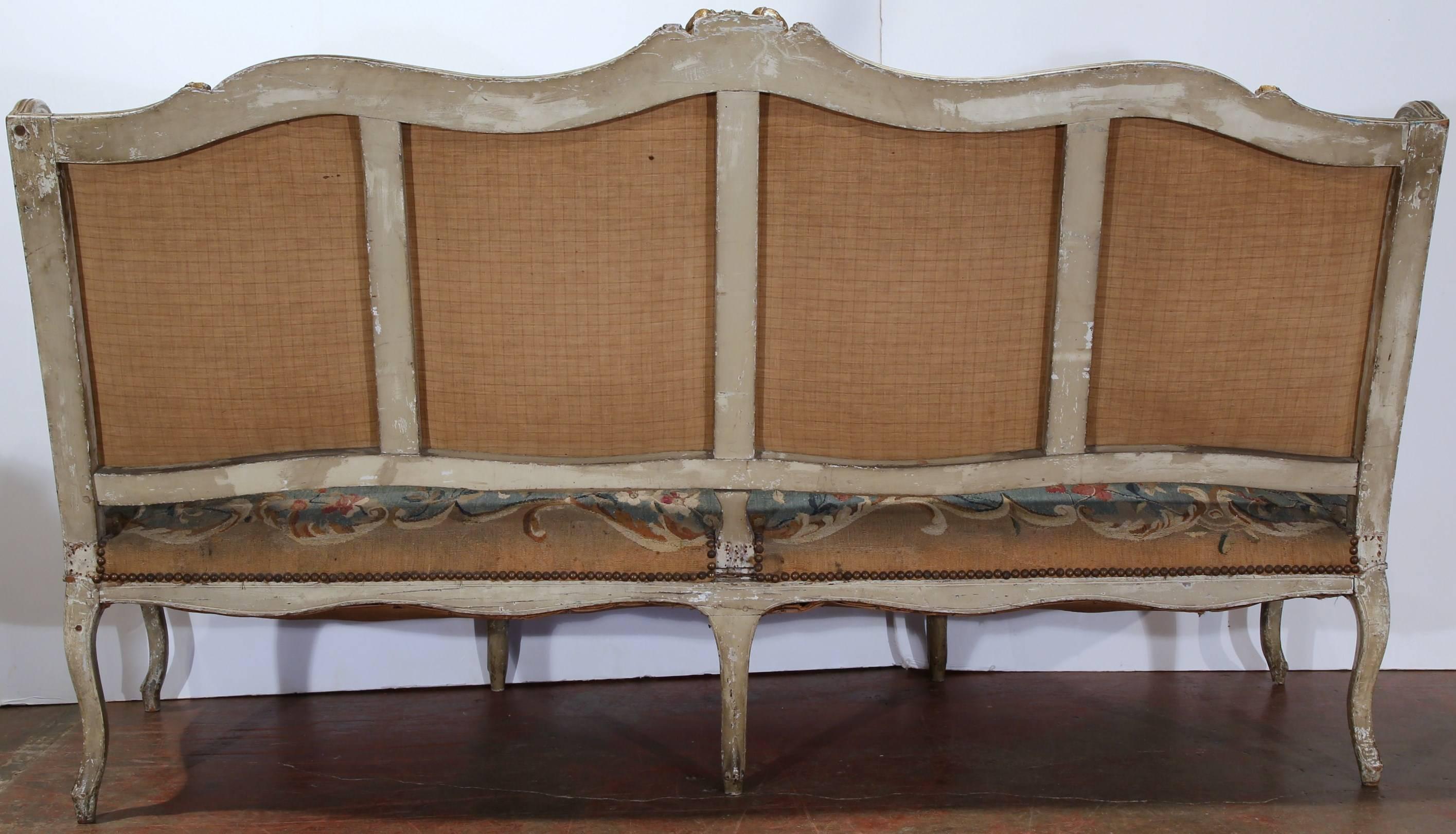 18th Century Louis XV Carved Painted Canape with Original Aubusson Tapestry 4