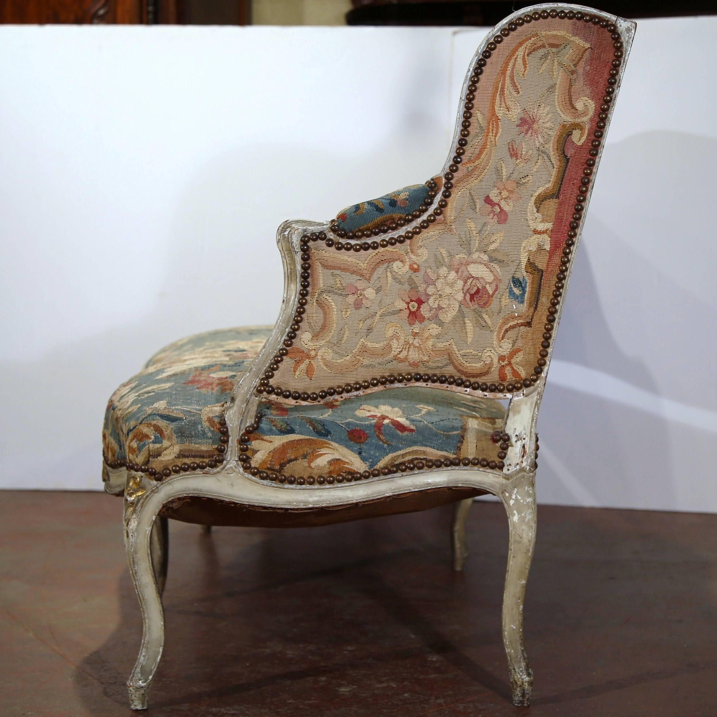 18th Century Louis XV Carved Painted Canape with Original Aubusson Tapestry 2