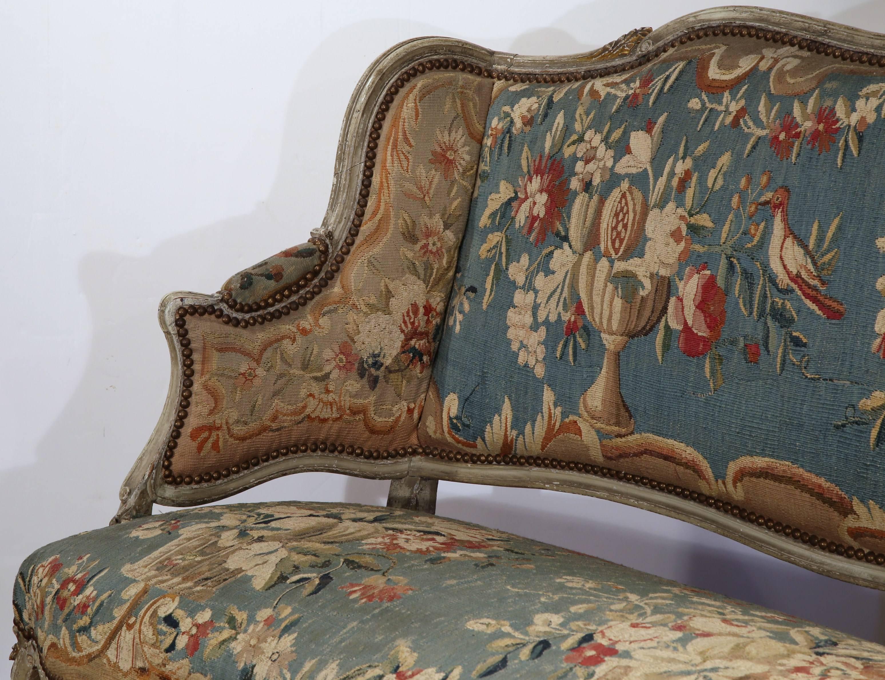 Hand-Carved 18th Century Louis XV Carved Painted Canape with Original Aubusson Tapestry