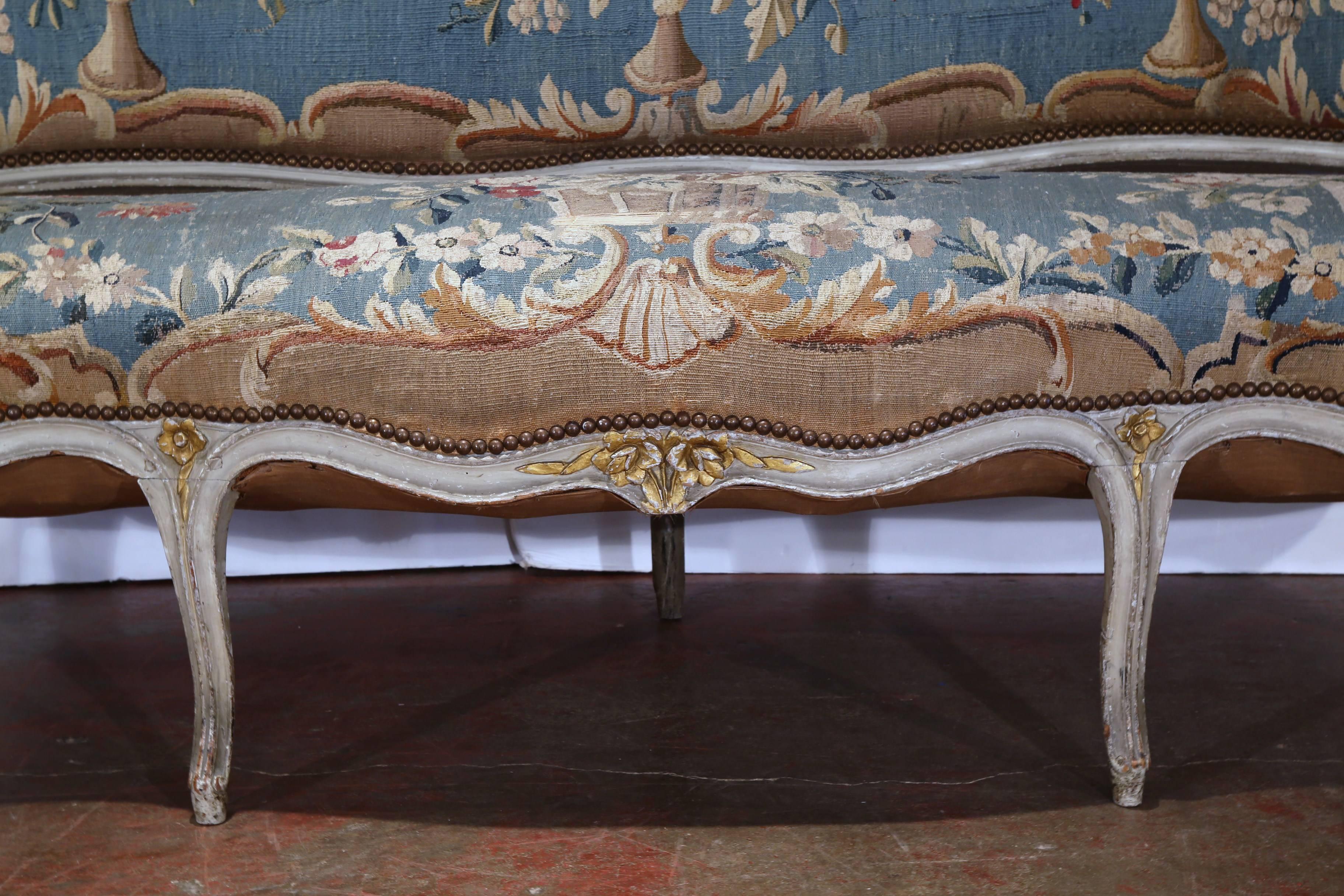18th Century Louis XV Carved Painted Canape with Original Aubusson Tapestry 1