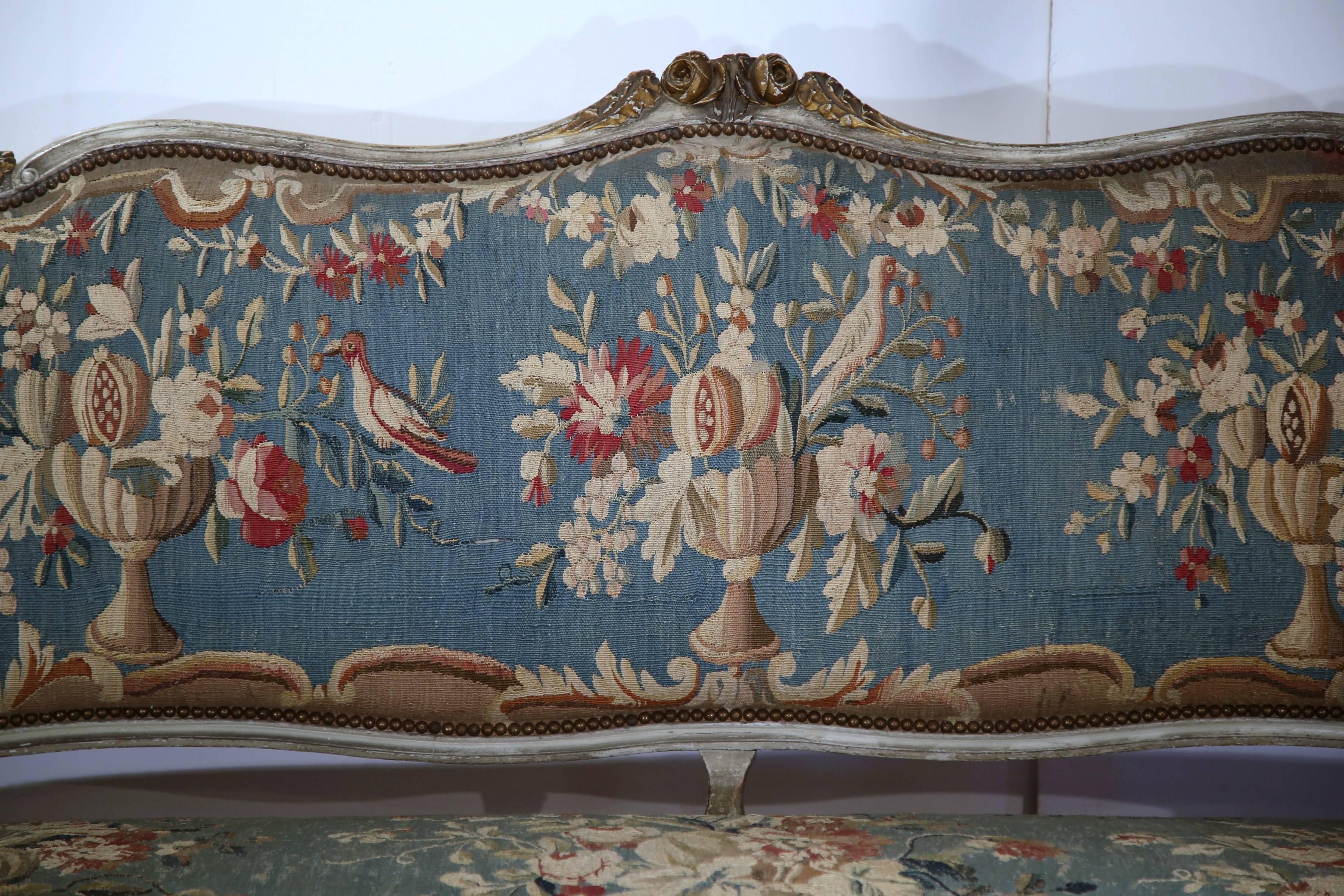 18th Century Louis XV Carved Painted Canape with Original Aubusson Tapestry 3