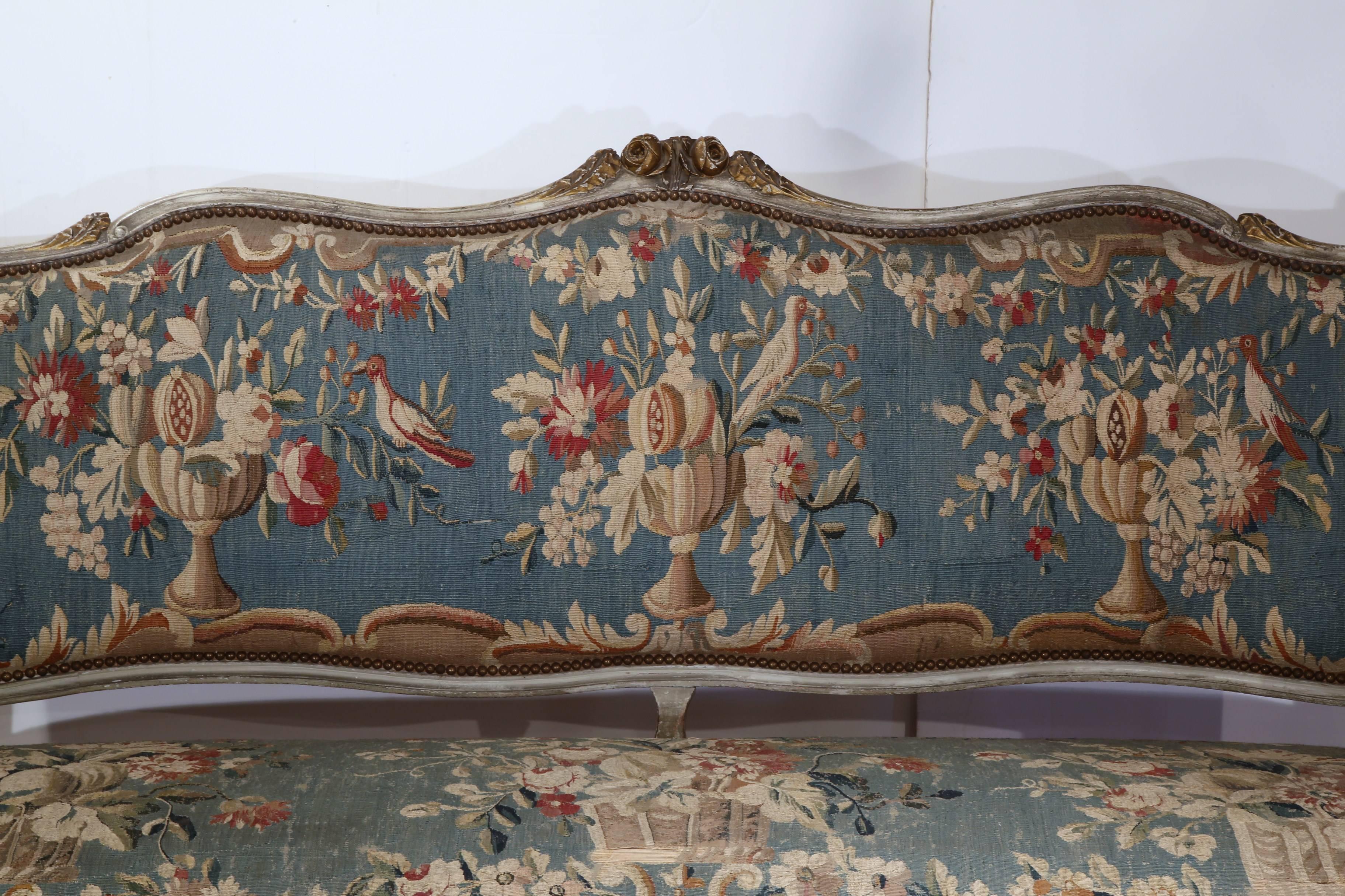 French 18th Century Louis XV Carved Painted Canape with Original Aubusson Tapestry