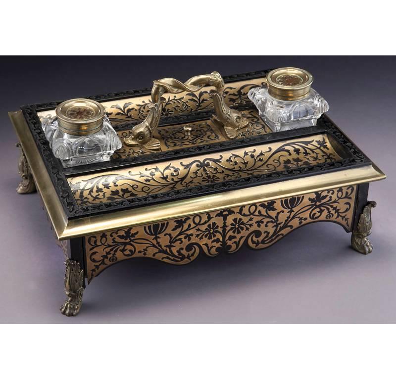 19th C. French Boulle Inlay Inkwell with Bronze Mounts and Cut Glass Vessels In Excellent Condition In Dallas, TX