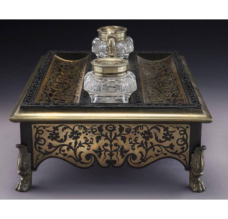 Blackened 19th C. French Boulle Inlay Inkwell with Bronze Mounts and Cut Glass Vessels