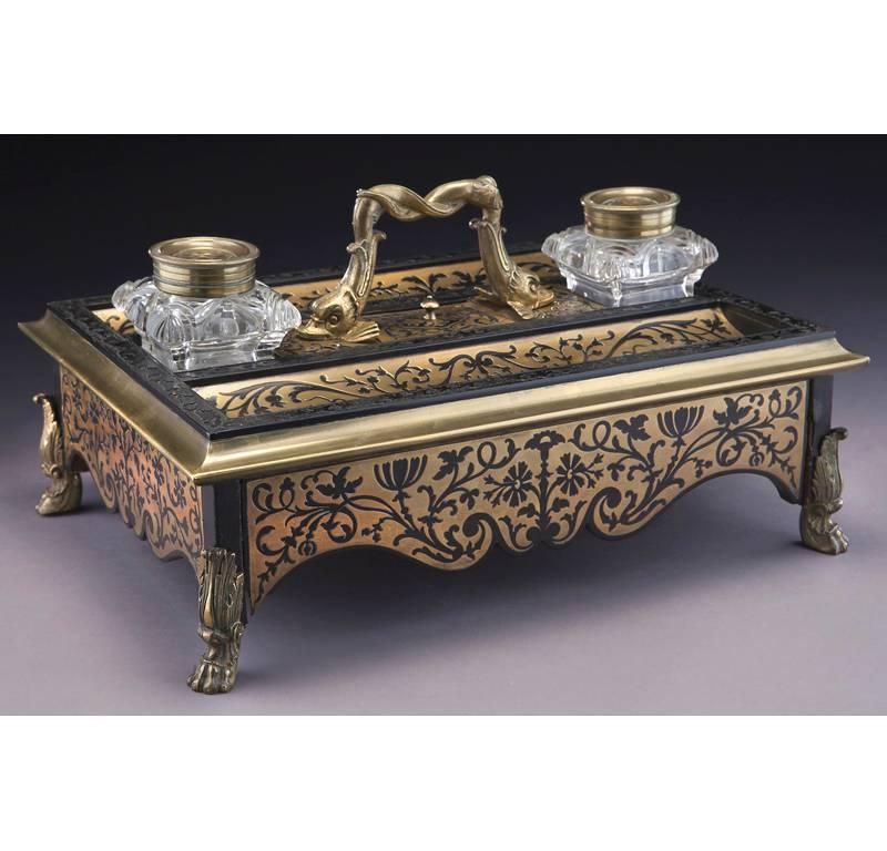 19th C. French Boulle Inlay Inkwell with Bronze Mounts and Cut Glass Vessels 2