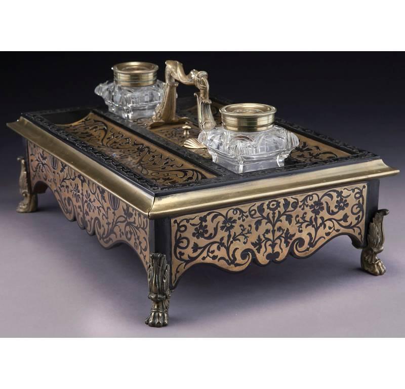 Louis XV 19th C. French Boulle Inlay Inkwell with Bronze Mounts and Cut Glass Vessels