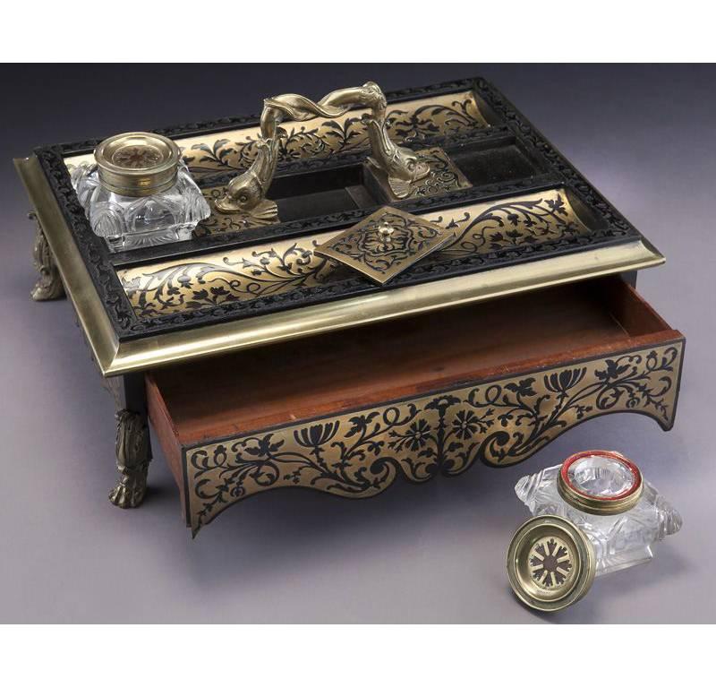 19th C. French Boulle Inlay Inkwell with Bronze Mounts and Cut Glass Vessels 1