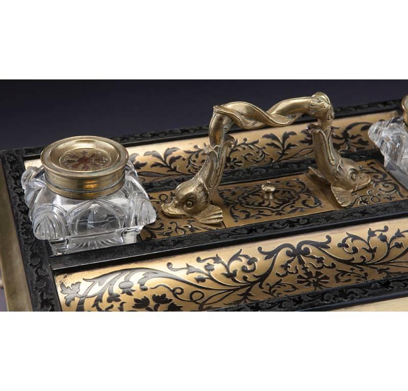 19th Century 19th C. French Boulle Inlay Inkwell with Bronze Mounts and Cut Glass Vessels