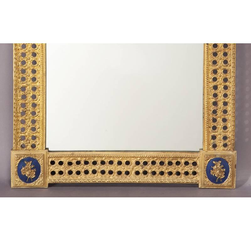 Gilt Pair of Early 20th Century French Louis XVI Bronze Doré and Enamel Wall Mirrors