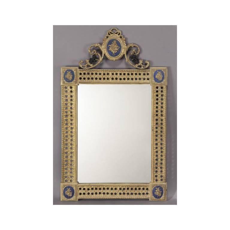 Pair of Early 20th Century French Louis XVI Bronze Doré and Enamel Wall Mirrors (Vergoldet)