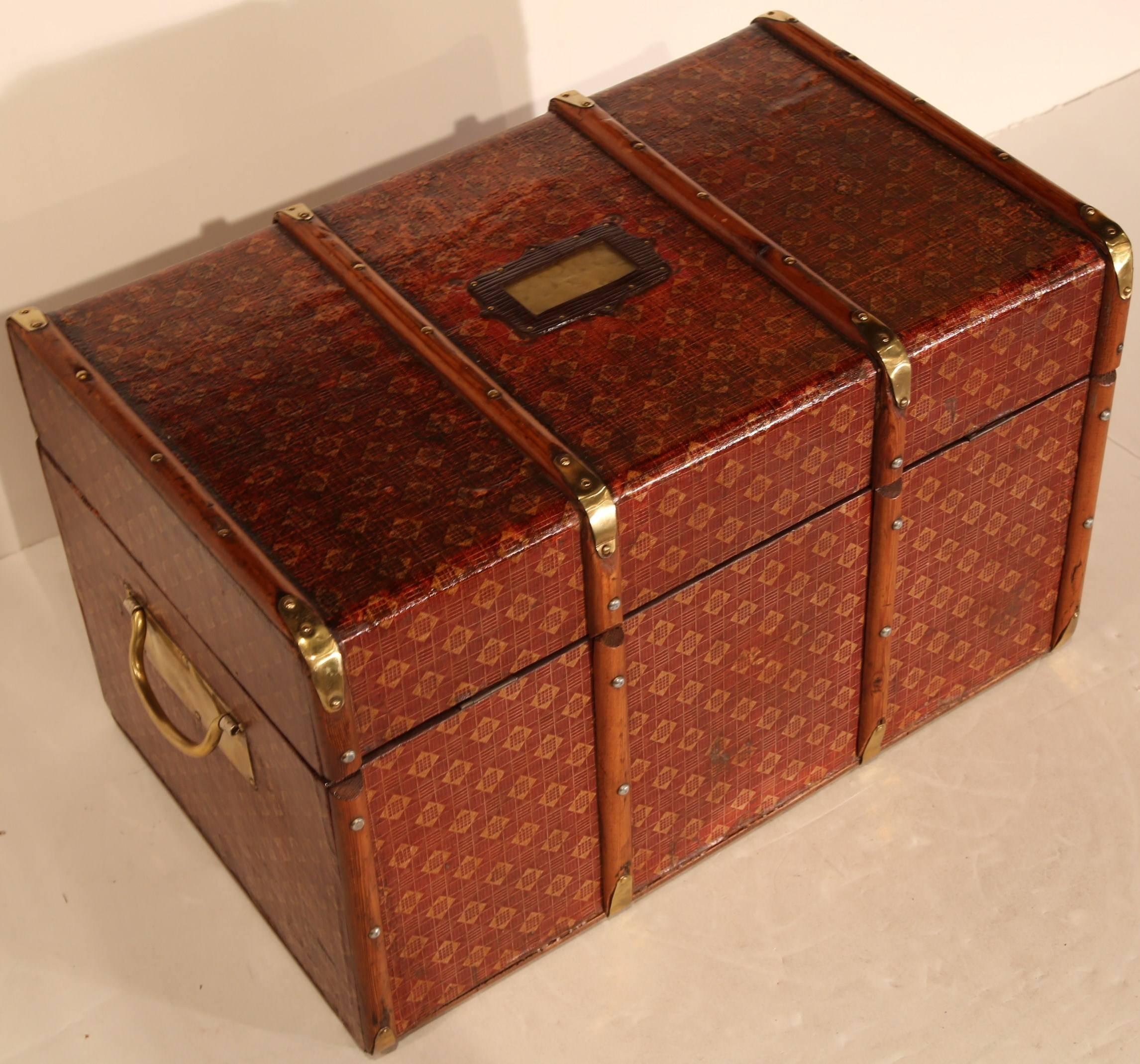 19th Century French Leather Trunk with Decorative Wood Trim and Brass Hardware In Excellent Condition In Dallas, TX