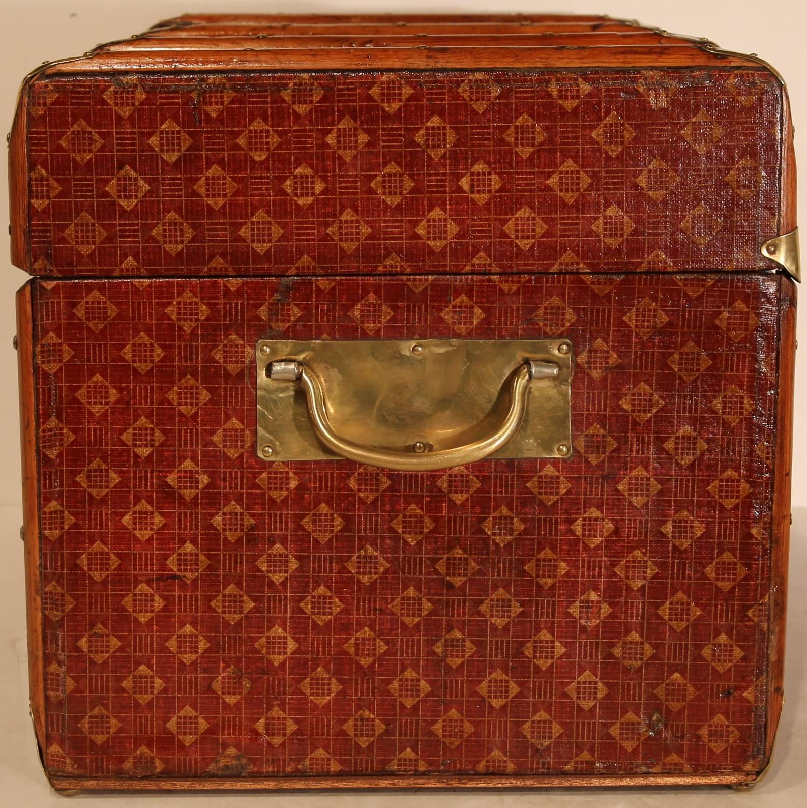 19th Century French Leather Trunk with Decorative Wood Trim and Brass Hardware 4