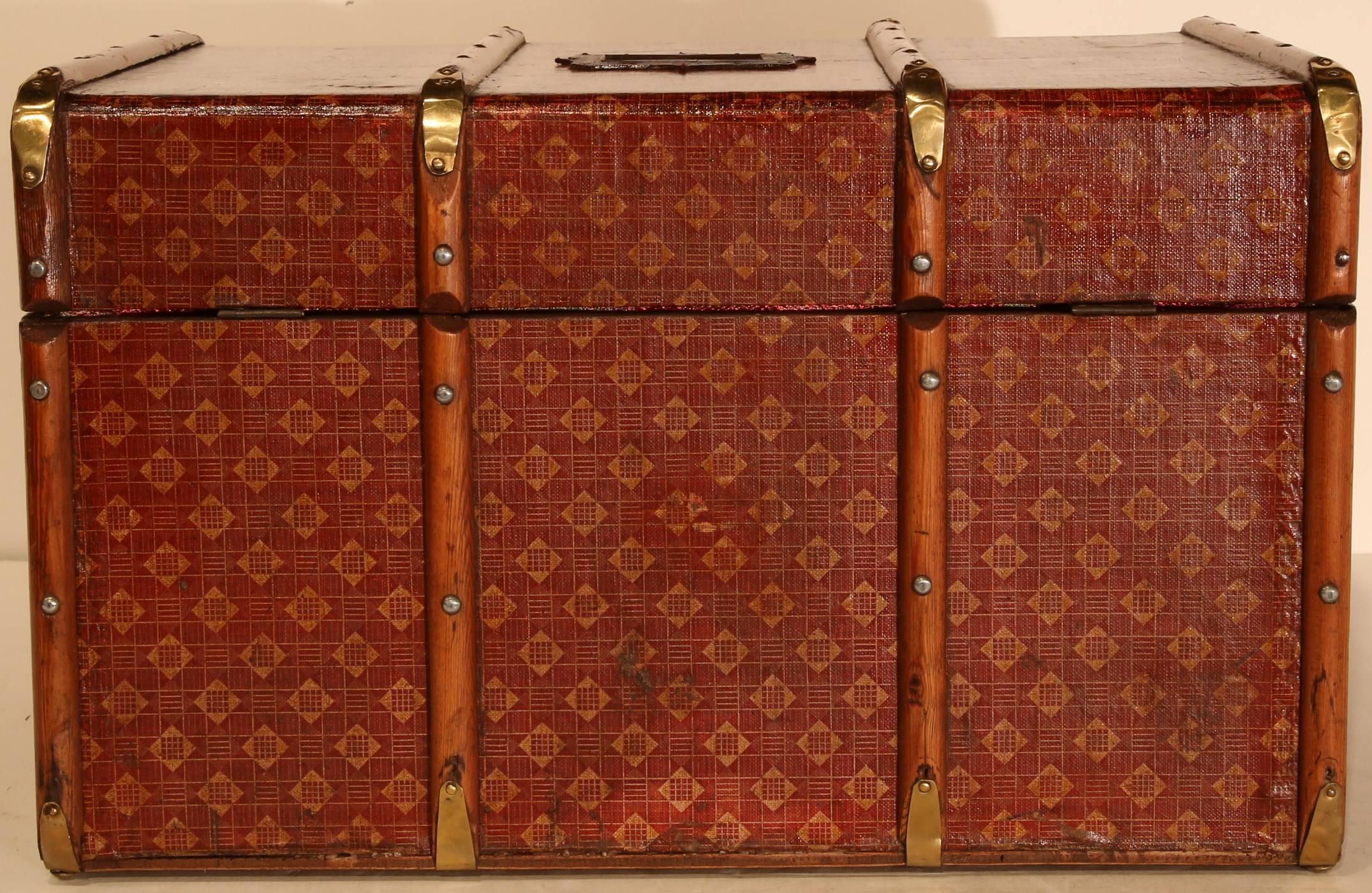 19th Century French Leather Trunk with Decorative Wood Trim and Brass Hardware 5