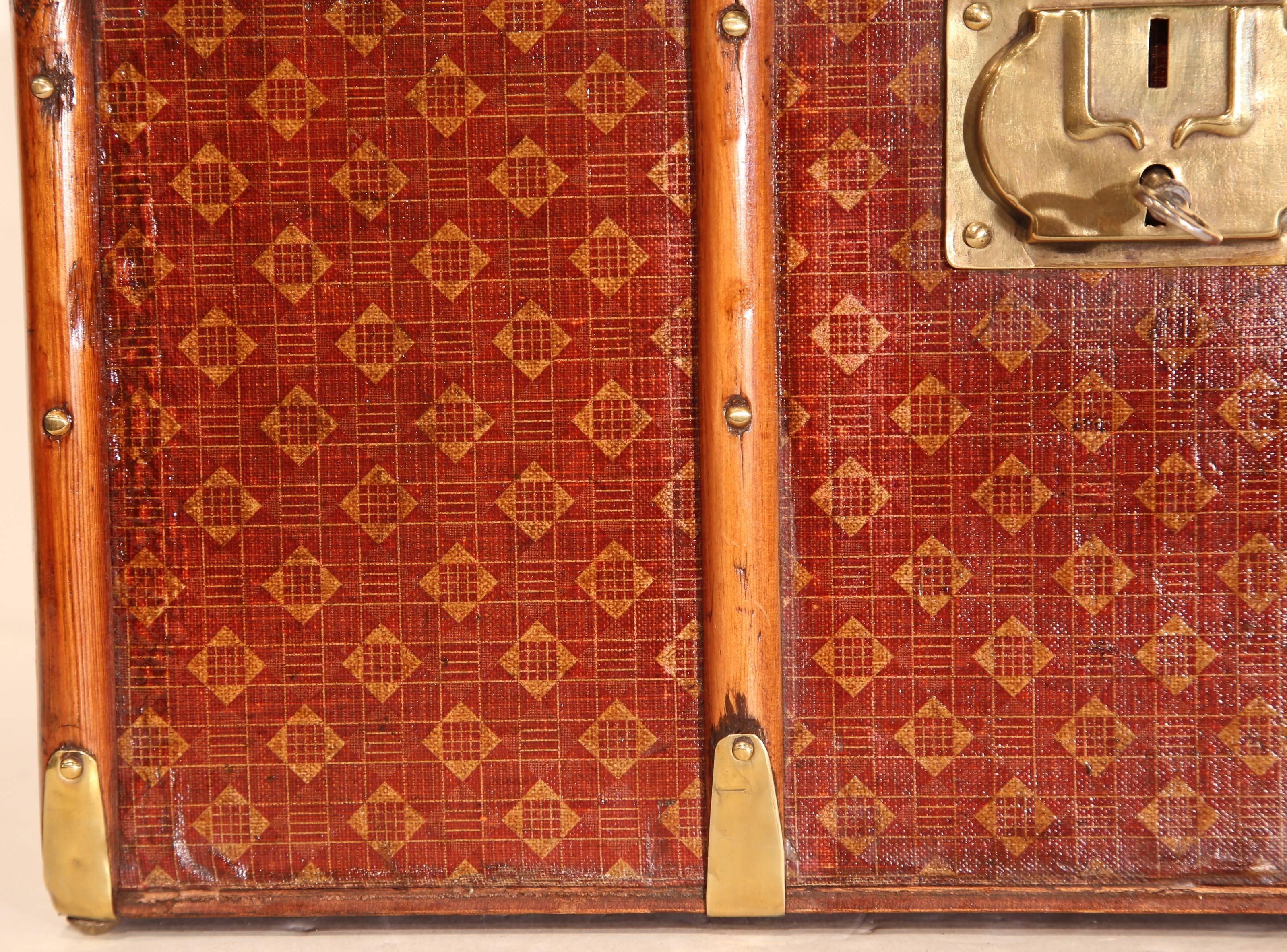 19th Century French Leather Trunk with Decorative Wood Trim and Brass Hardware 1