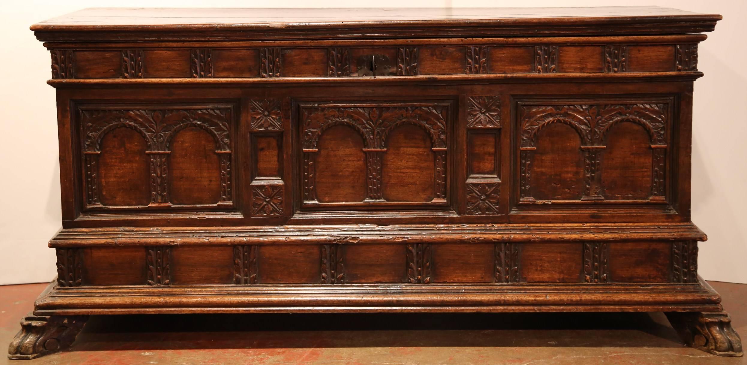 17th Century Italian Carved Cassone Trunk with Inside Carved Raised Panel 1