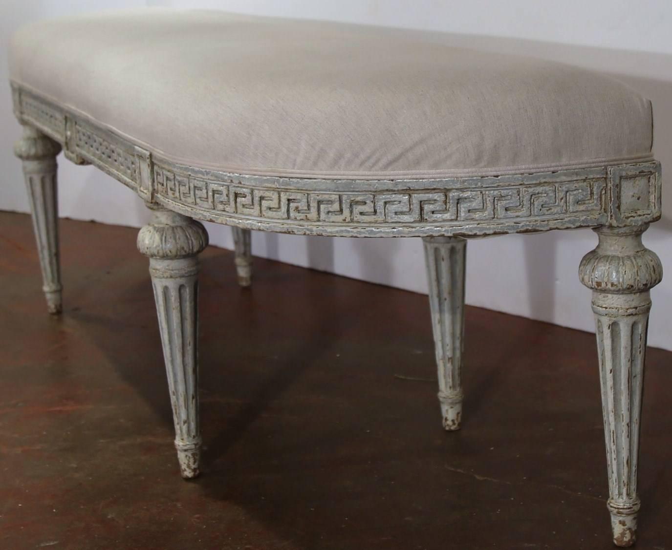Pair of 19th Century French Louis XVI Carved Painted Benches with New Fabric In Excellent Condition In Dallas, TX