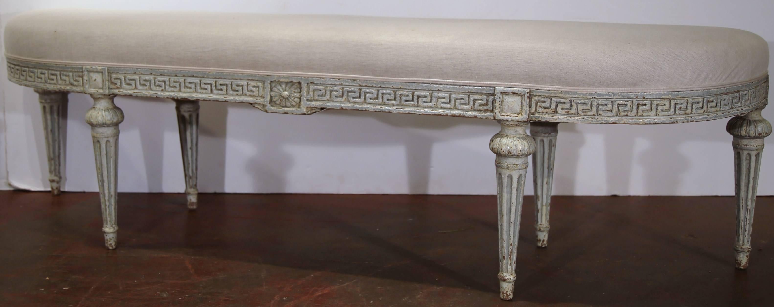 Wood Pair of 19th Century French Louis XVI Carved Painted Benches with New Fabric