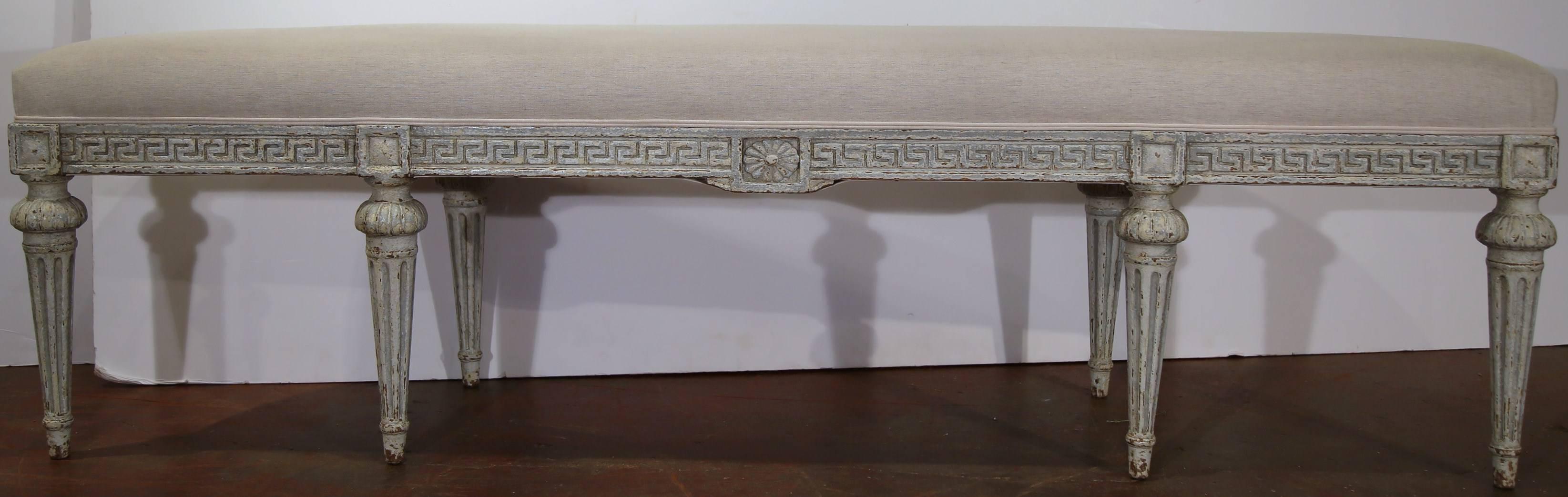 Pair of 19th Century French Louis XVI Carved Painted Benches with New Fabric 2