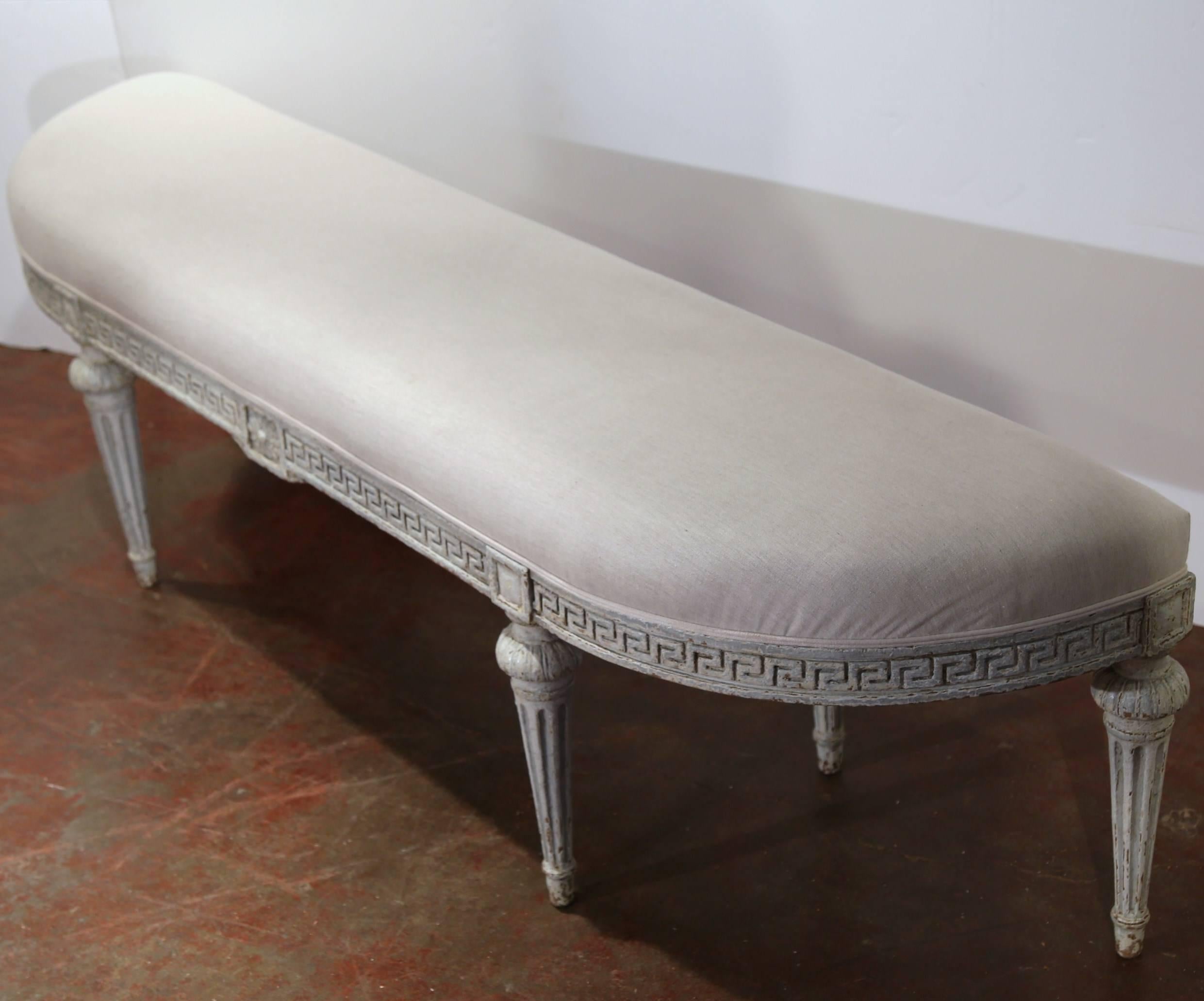 Hand-Carved Pair of 19th Century French Louis XVI Carved Painted Benches with New Fabric