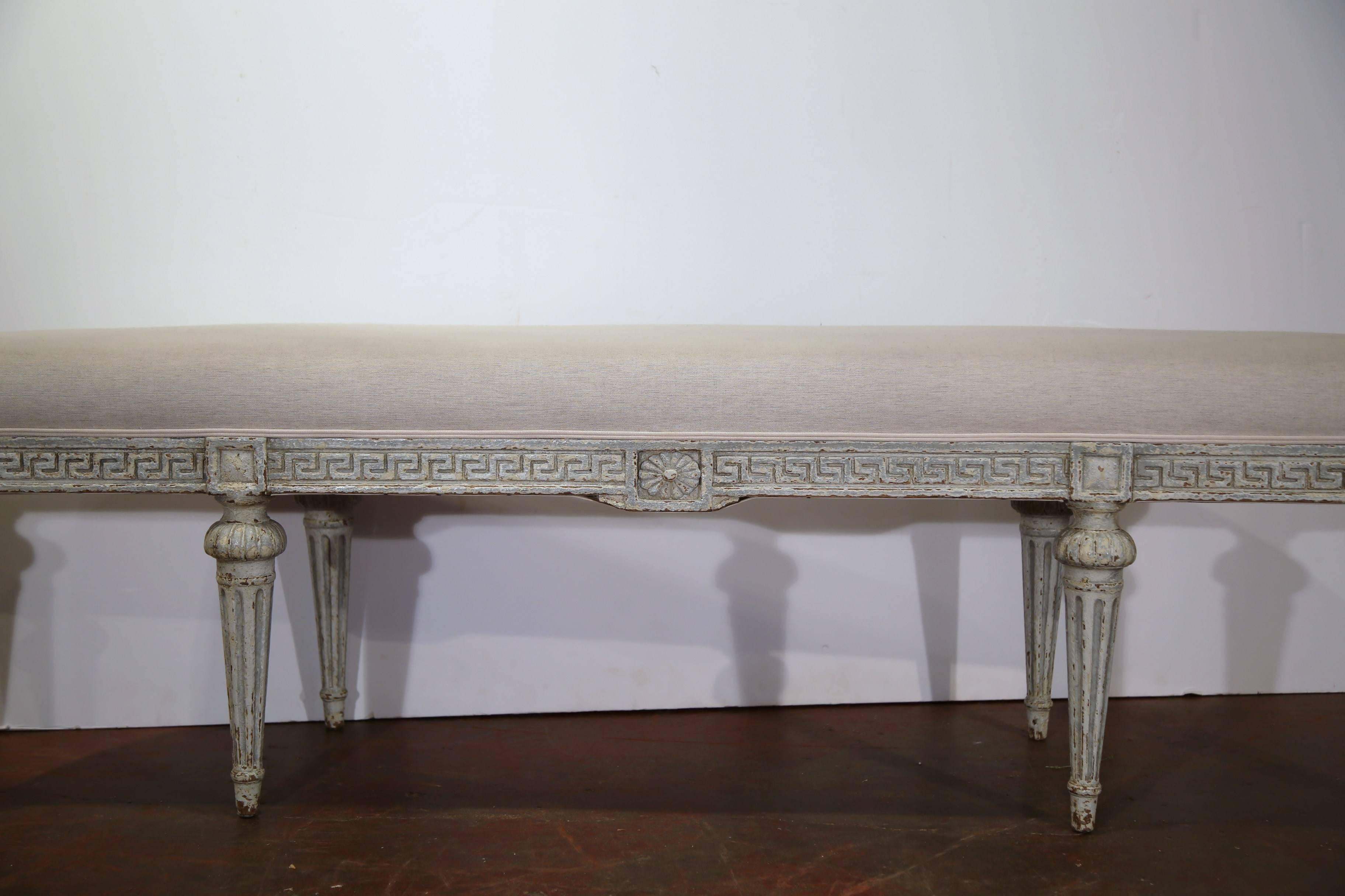 Pair of 19th Century French Louis XVI Carved Painted Benches with New Fabric 3