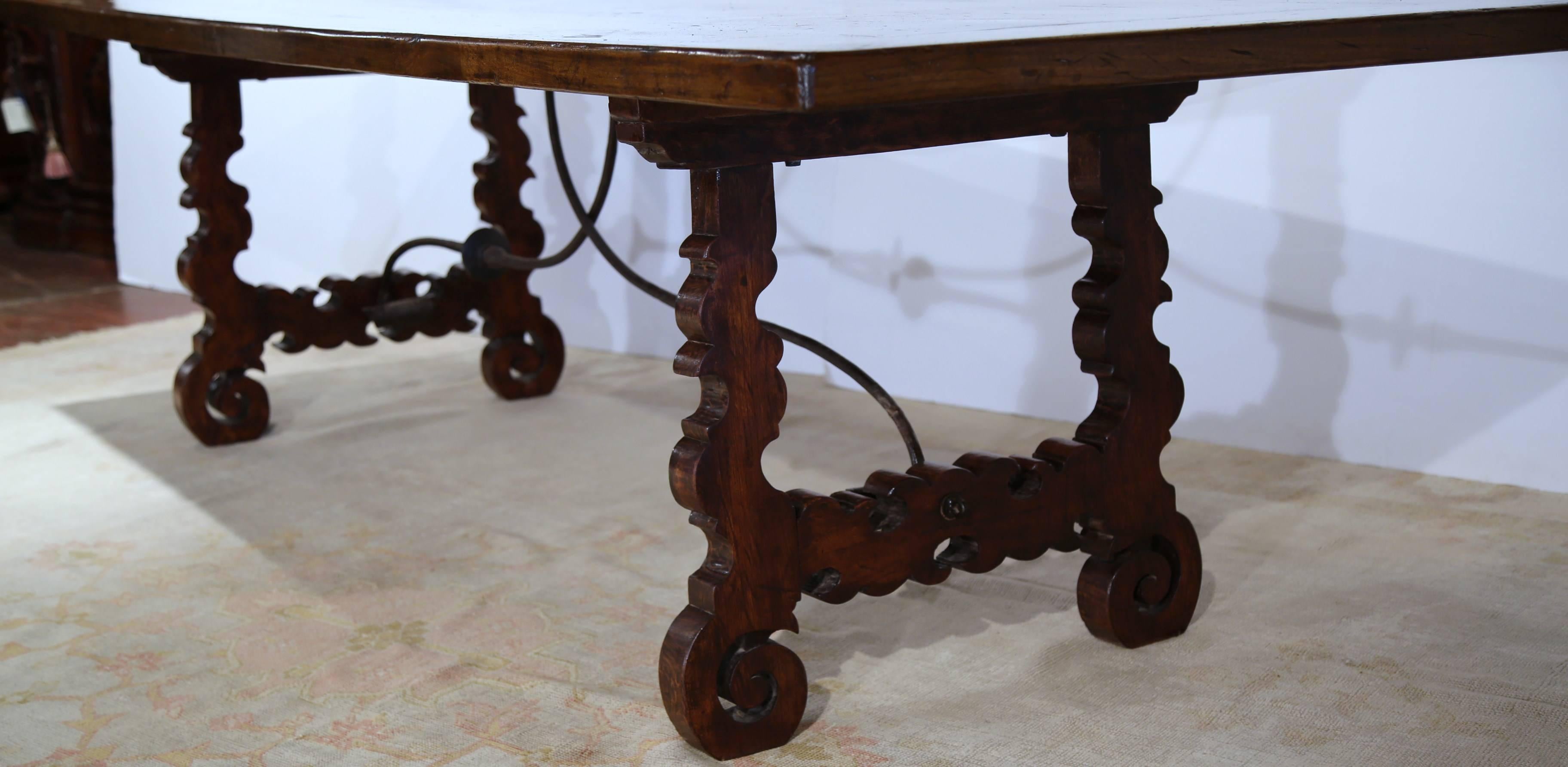 Gothic Large 19th Century Spanish Walnut Farm Table with Iron Stretcher