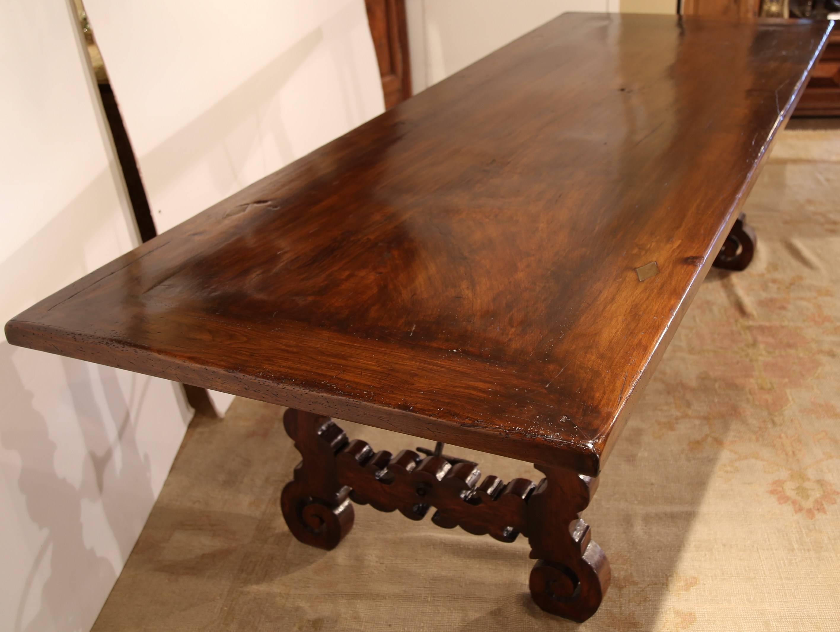 Large 19th Century Spanish Walnut Farm Table with Iron Stretcher In Excellent Condition In Dallas, TX