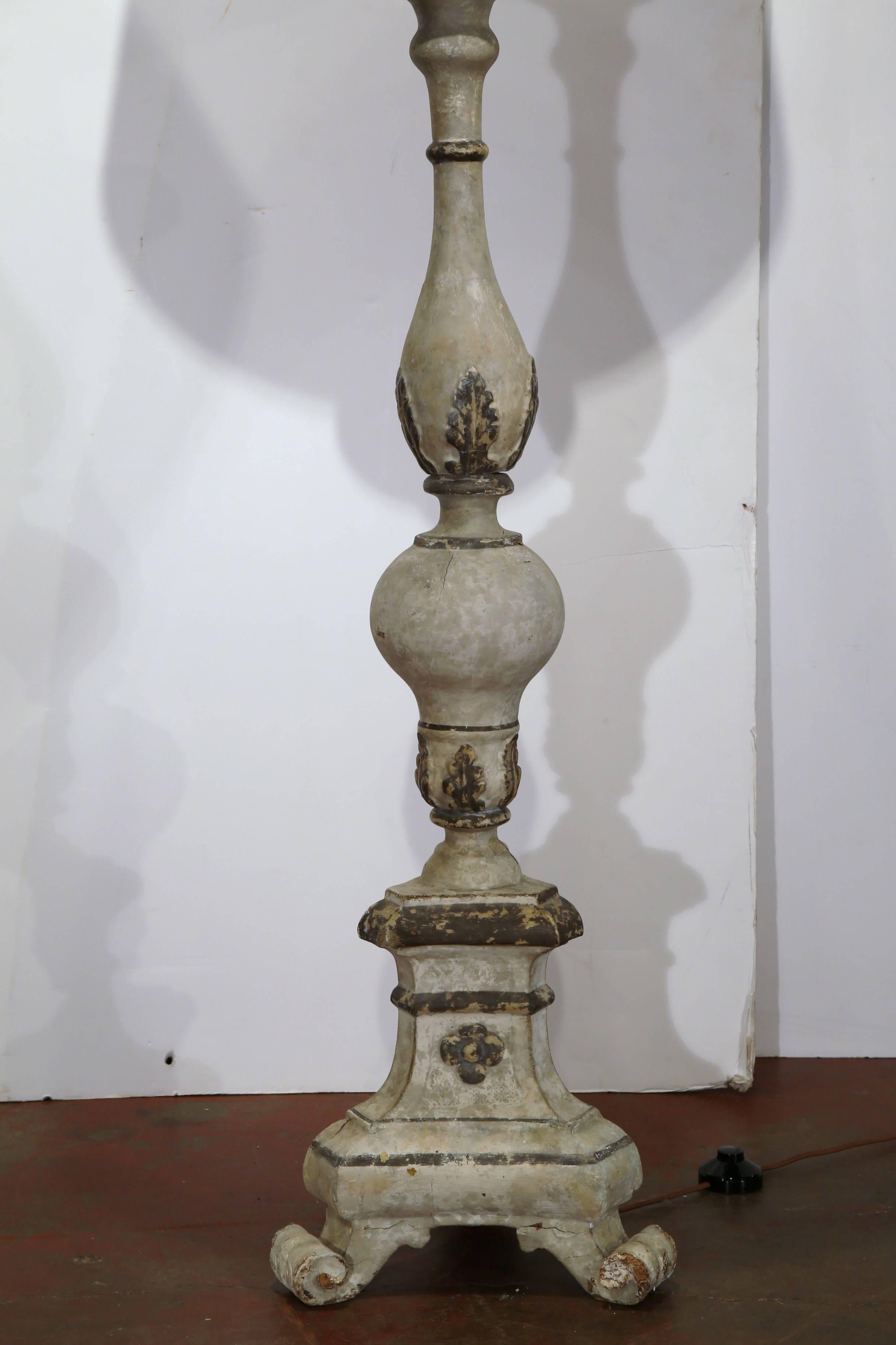 Renaissance Pair of 18th Century Italian Carved Painted Altar Sticks Floor Lamps