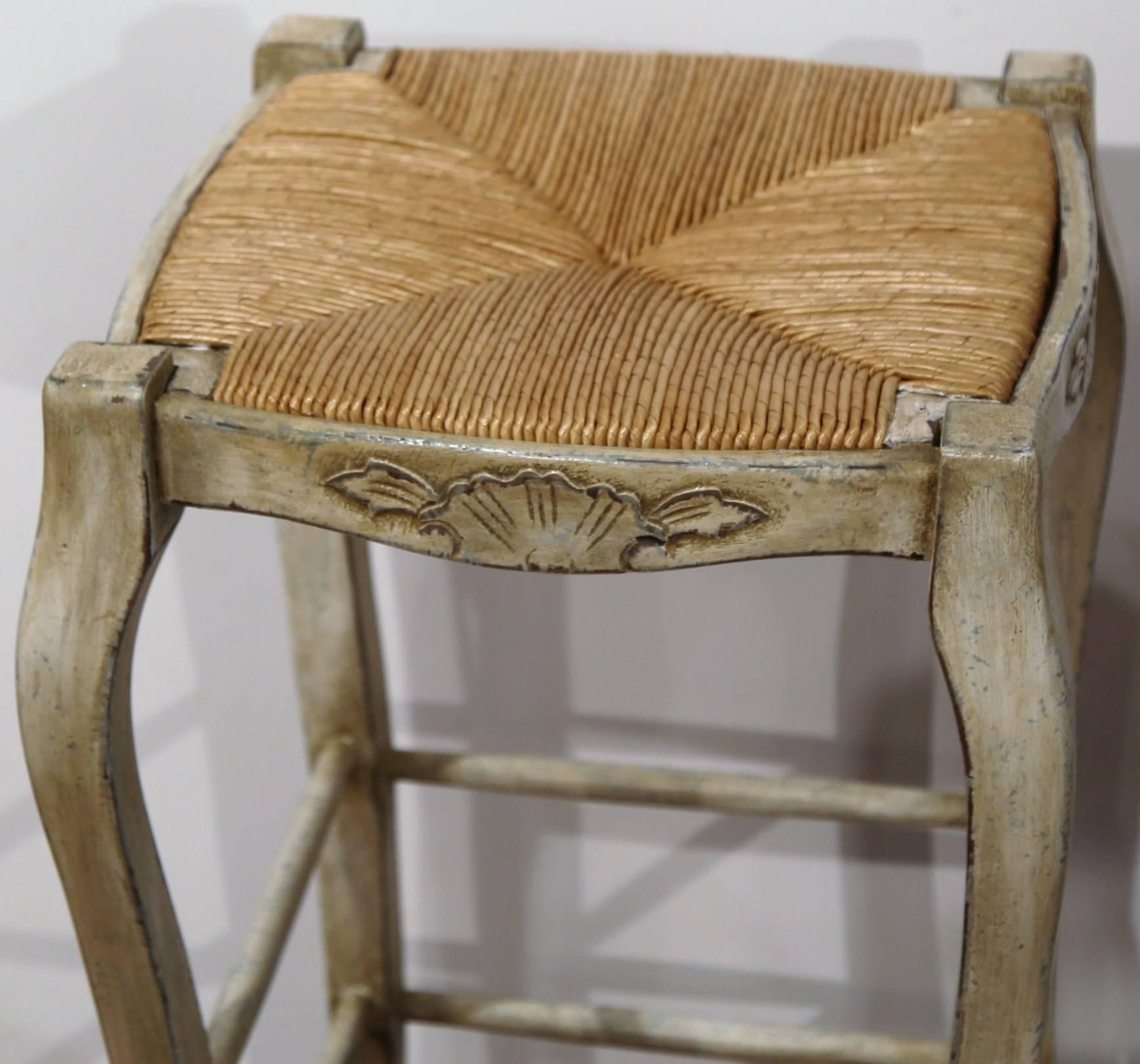 Pair of French Louis XV Carved Painted Bar Stools with Rush Seat 2