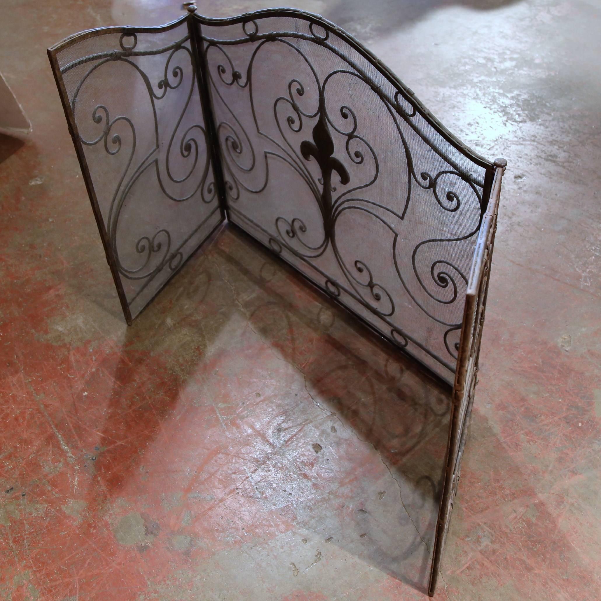 French Wrought Iron Fireplace Screen with Fleur de Lis In Excellent Condition In Dallas, TX