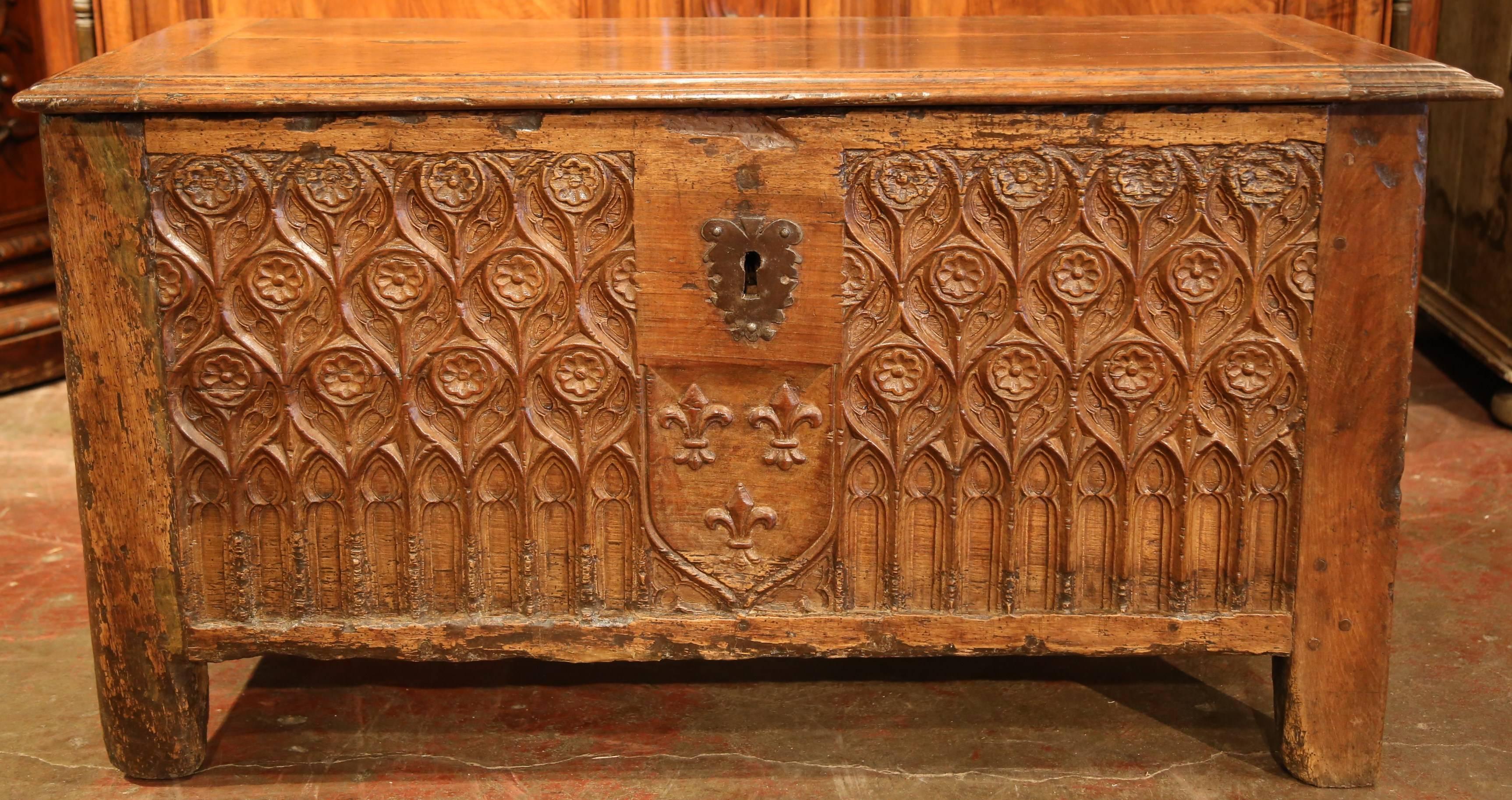 French 17th Century Walnut Trunk with Fleur de Lys from Southwest, France