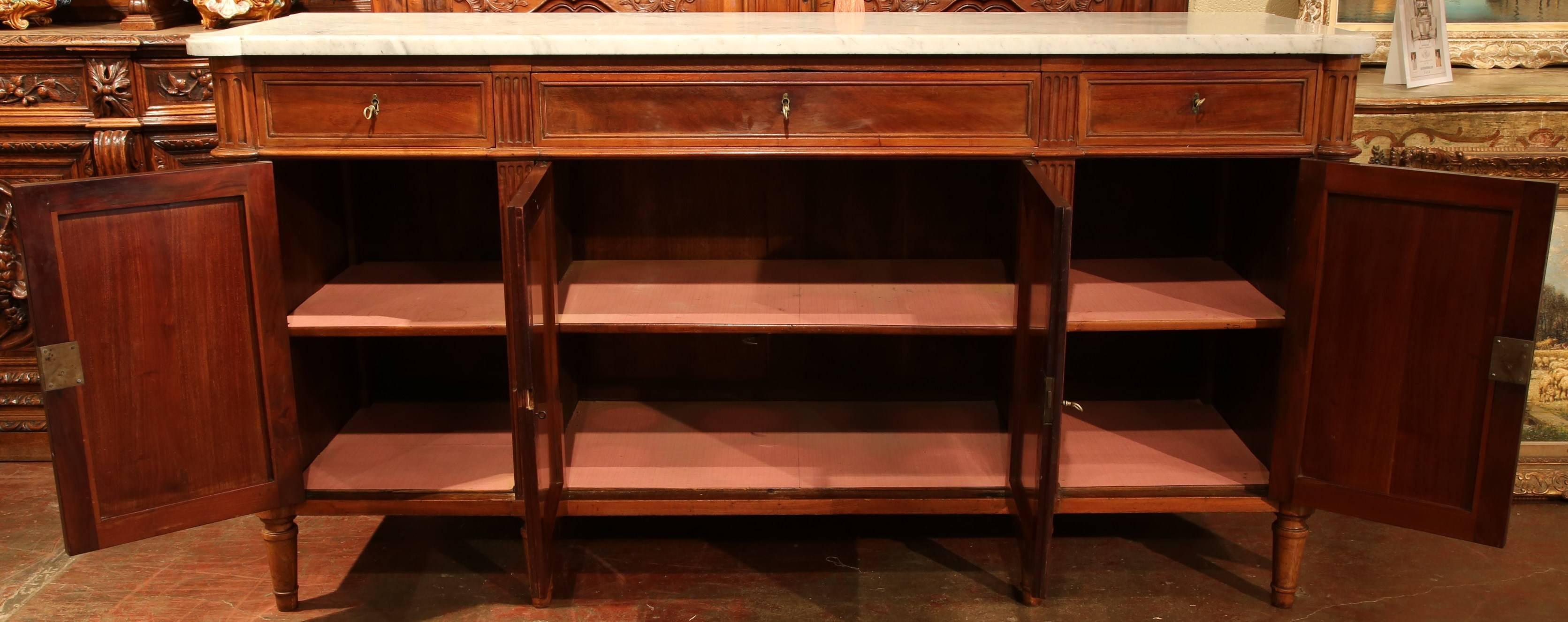 19th Century French Louis XVI Walnut Four-Door Buffet with Marble Top In Excellent Condition In Dallas, TX