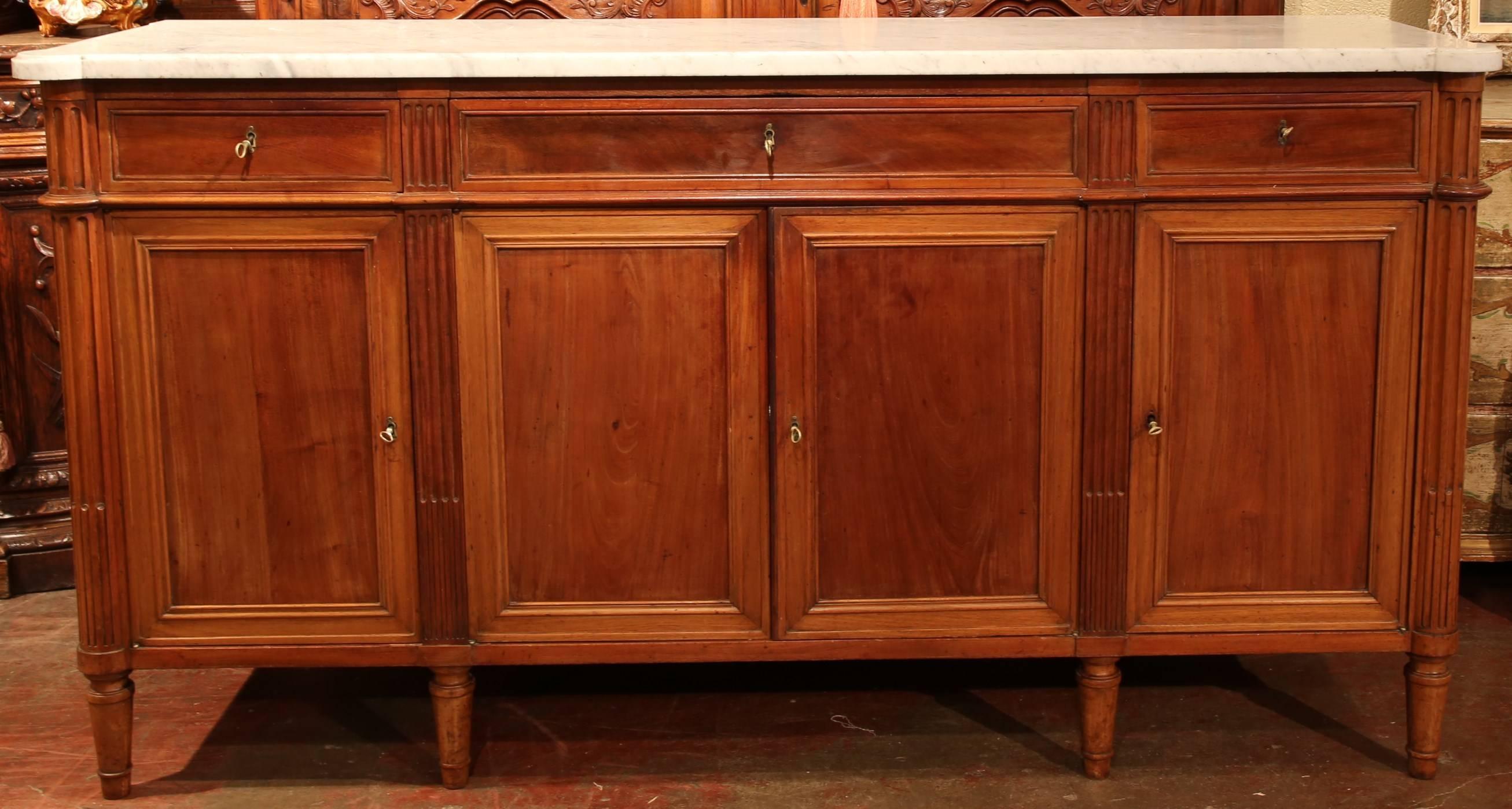 Hand-Carved 19th Century French Louis XVI Walnut Four-Door Buffet with Marble Top