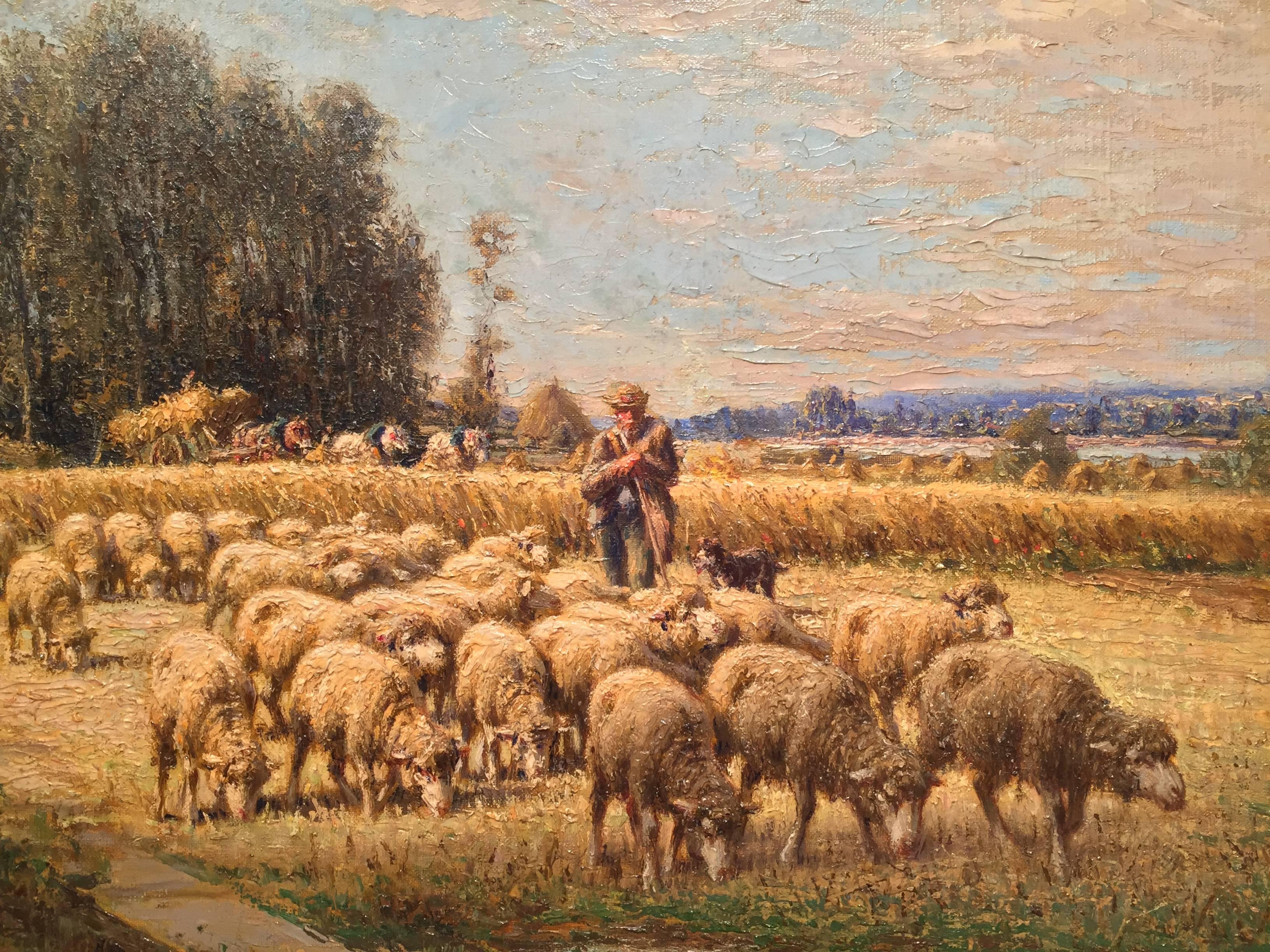 Fine antique oil on canvas painting, circa 1890, depicting a pastoral scene, a shepherd and his herd of grazing sheep. The painting is signed in the lower left by Charles Clair (1860-1930). Decorative plaque with his name on the ornate gold leaf