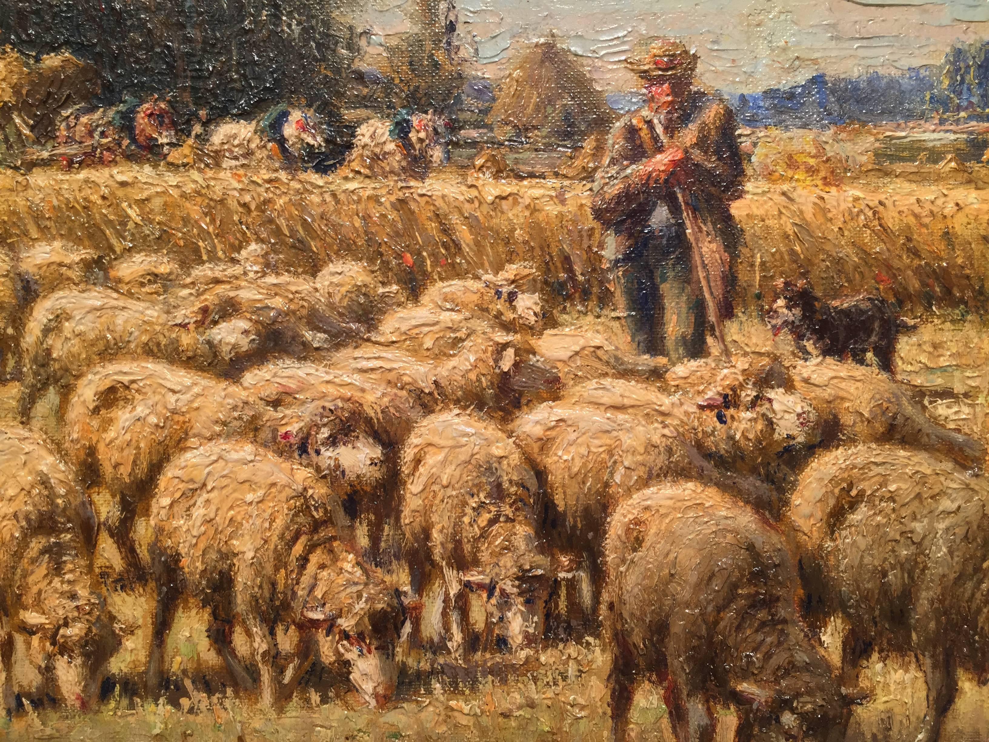 19th Century French Oil Painting with Sheep Signed Charles Clair in Ornate Frame 1