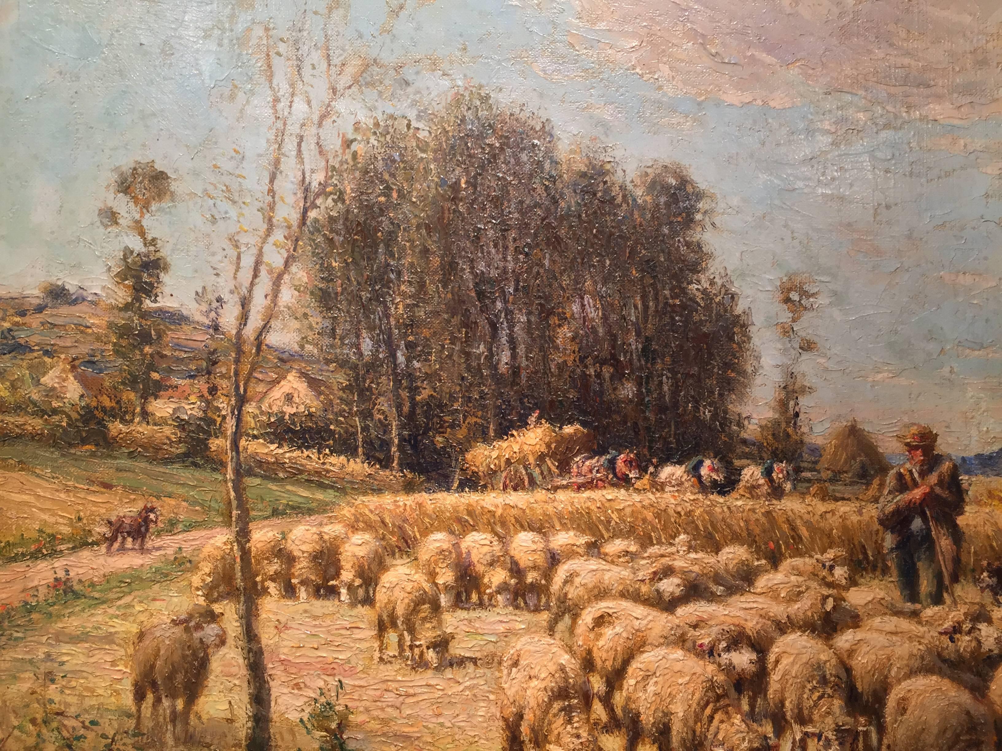 19th Century French Oil Painting with Sheep Signed Charles Clair in Ornate Frame 2