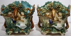Pair of 19th Century French Barbotine Cachepots with Hunting Ornaments