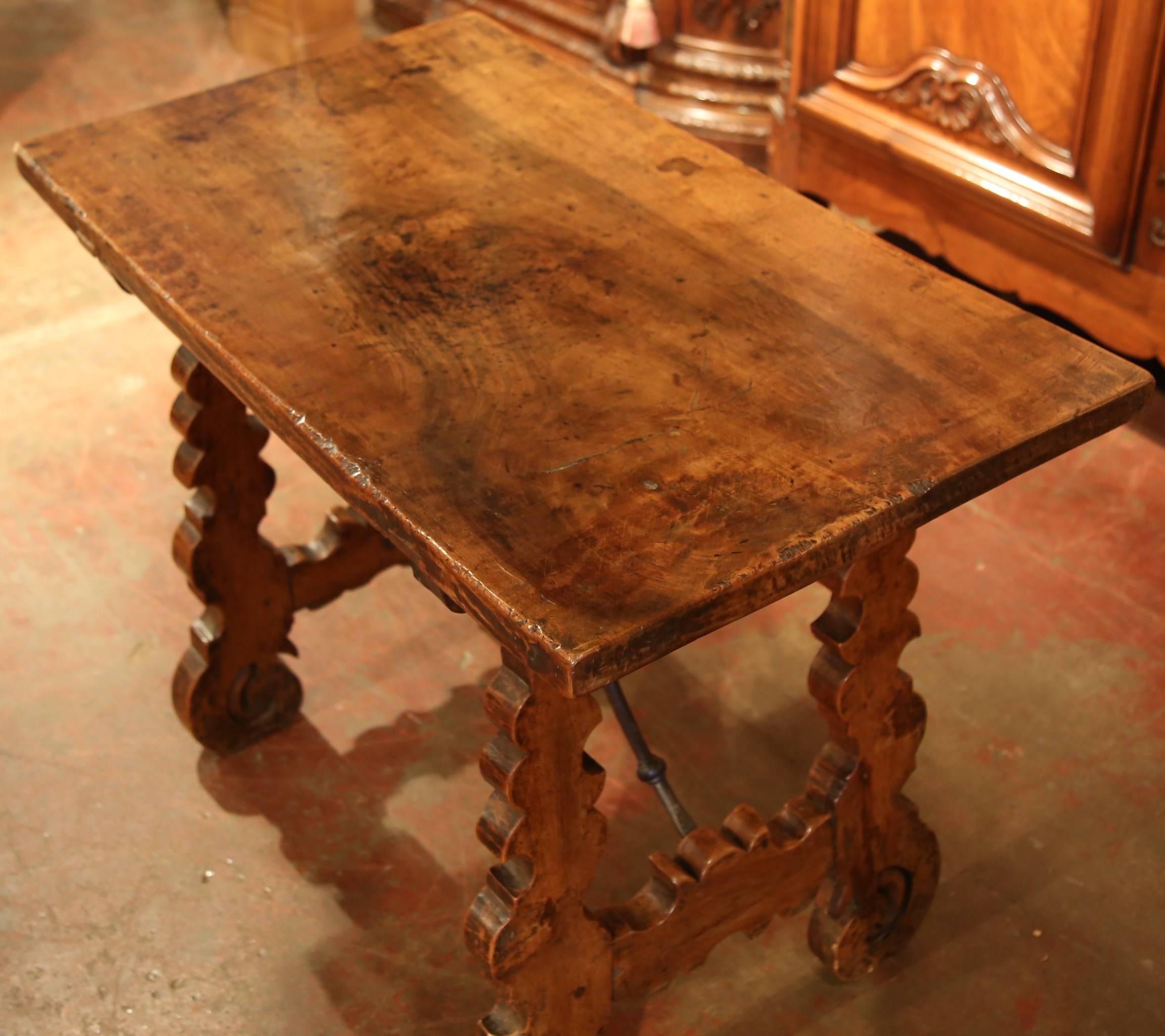 Mid-18th Century Spanish Walnut Table with Iron Stretcher and Single Plank Top In Excellent Condition In Dallas, TX