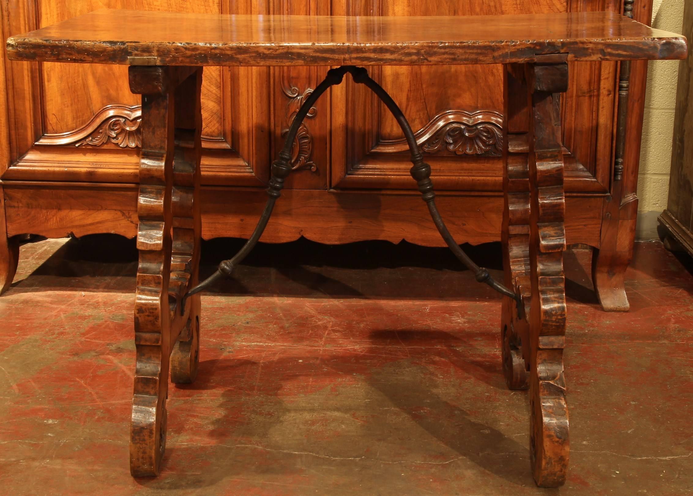 Hand-Carved Mid-18th Century Spanish Walnut Table with Iron Stretcher and Single Plank Top