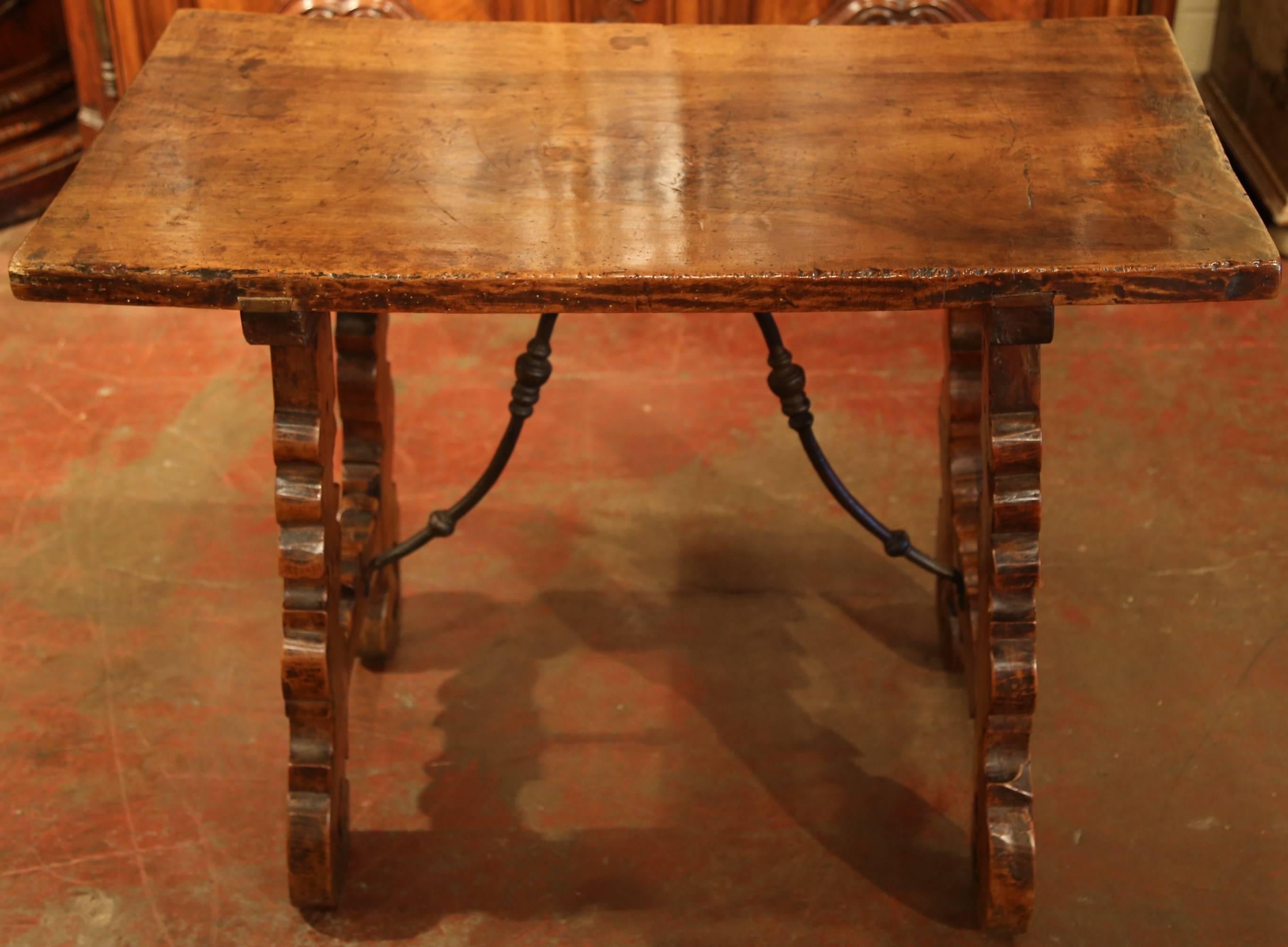 Gothic Mid-18th Century Spanish Walnut Table with Iron Stretcher and Single Plank Top