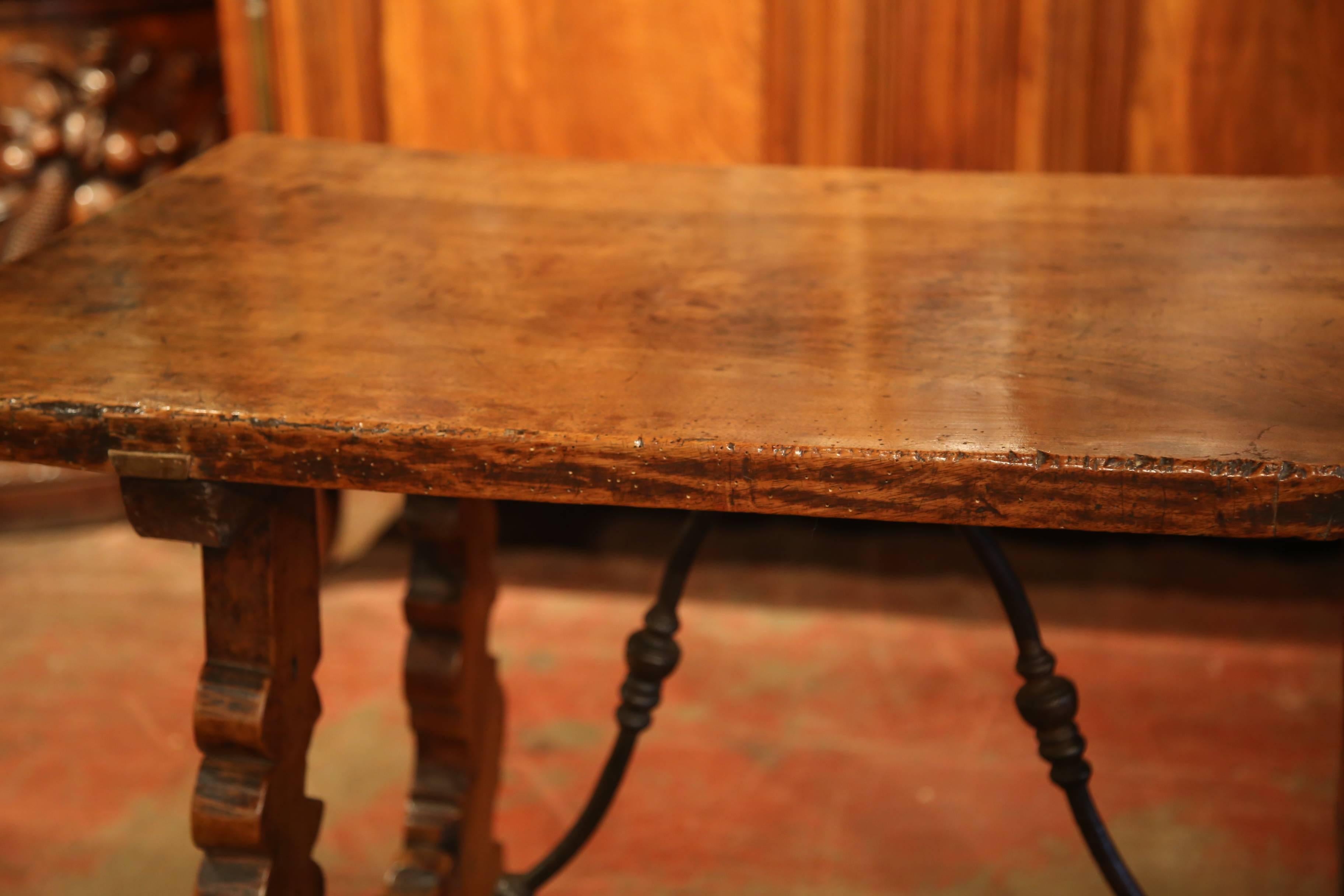 Wrought Iron Mid-18th Century Spanish Walnut Table with Iron Stretcher and Single Plank Top