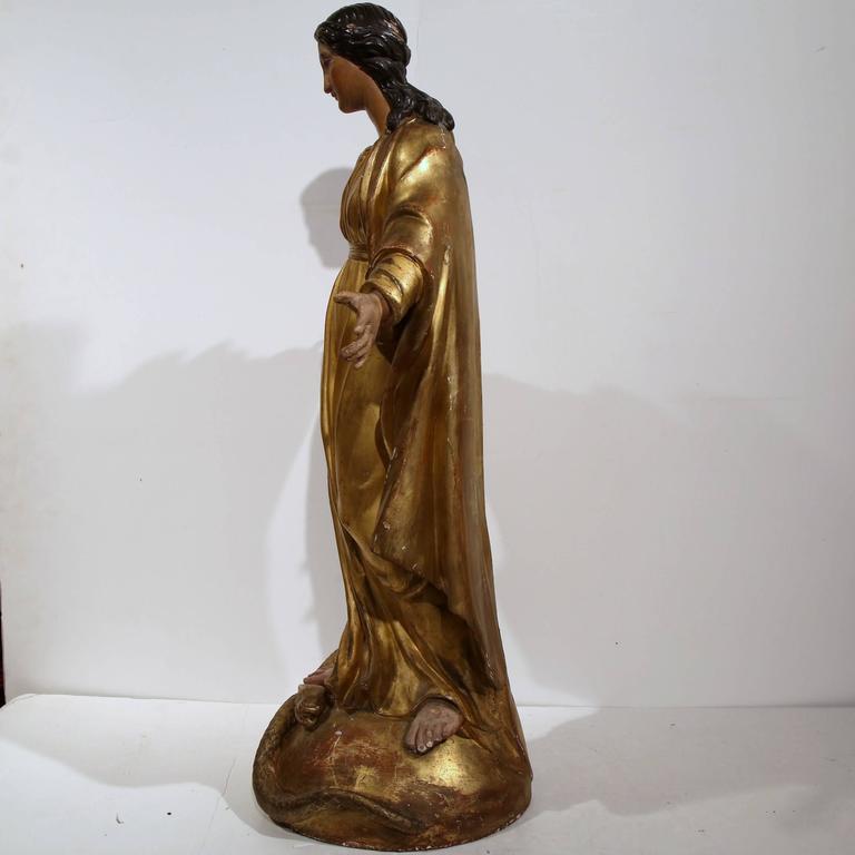 19th Century French Carved and Gilded Virgin Mary Statue Standing on