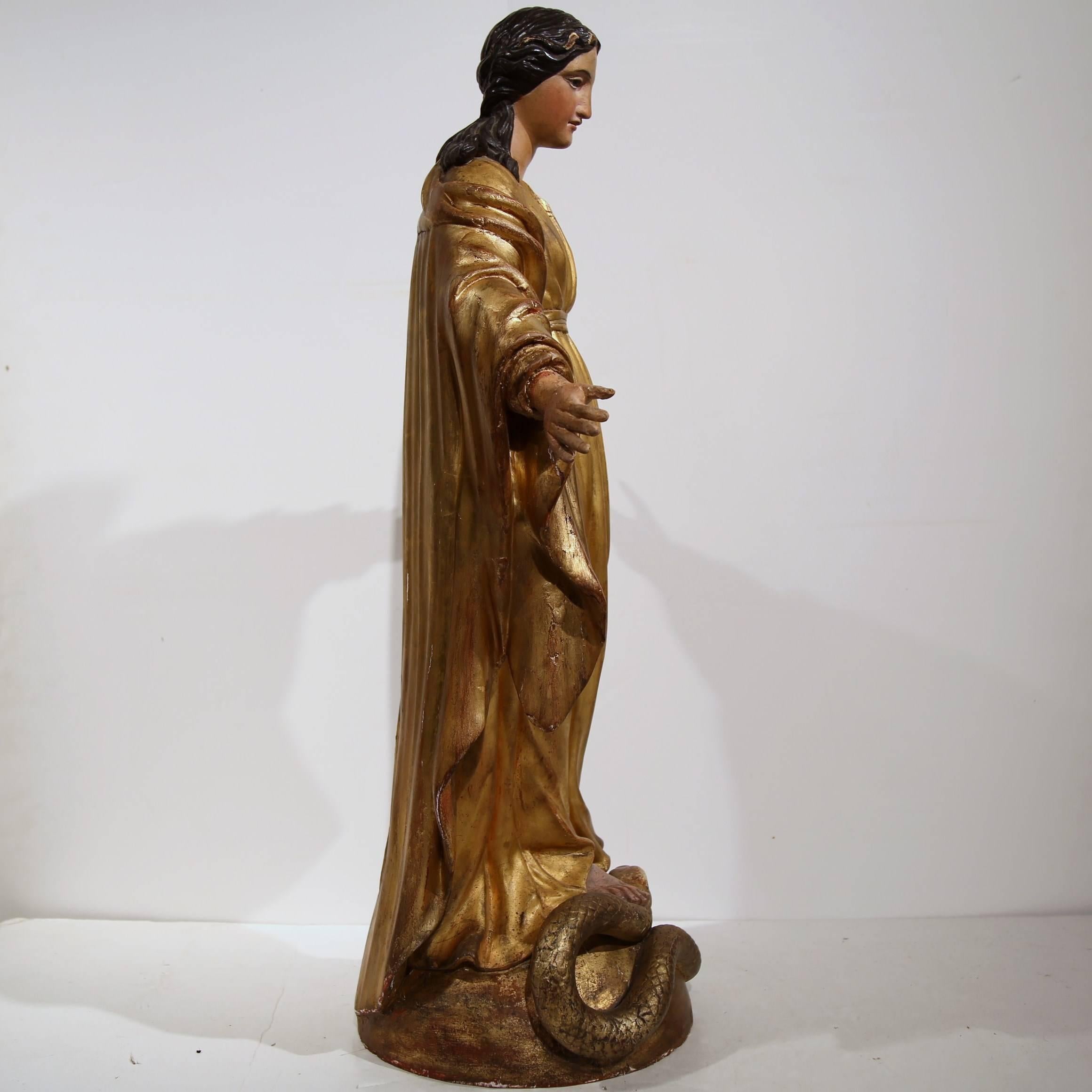 Hand-Carved 19th Century French Carved and Gilded Virgin Mary Statue Standing on Globe