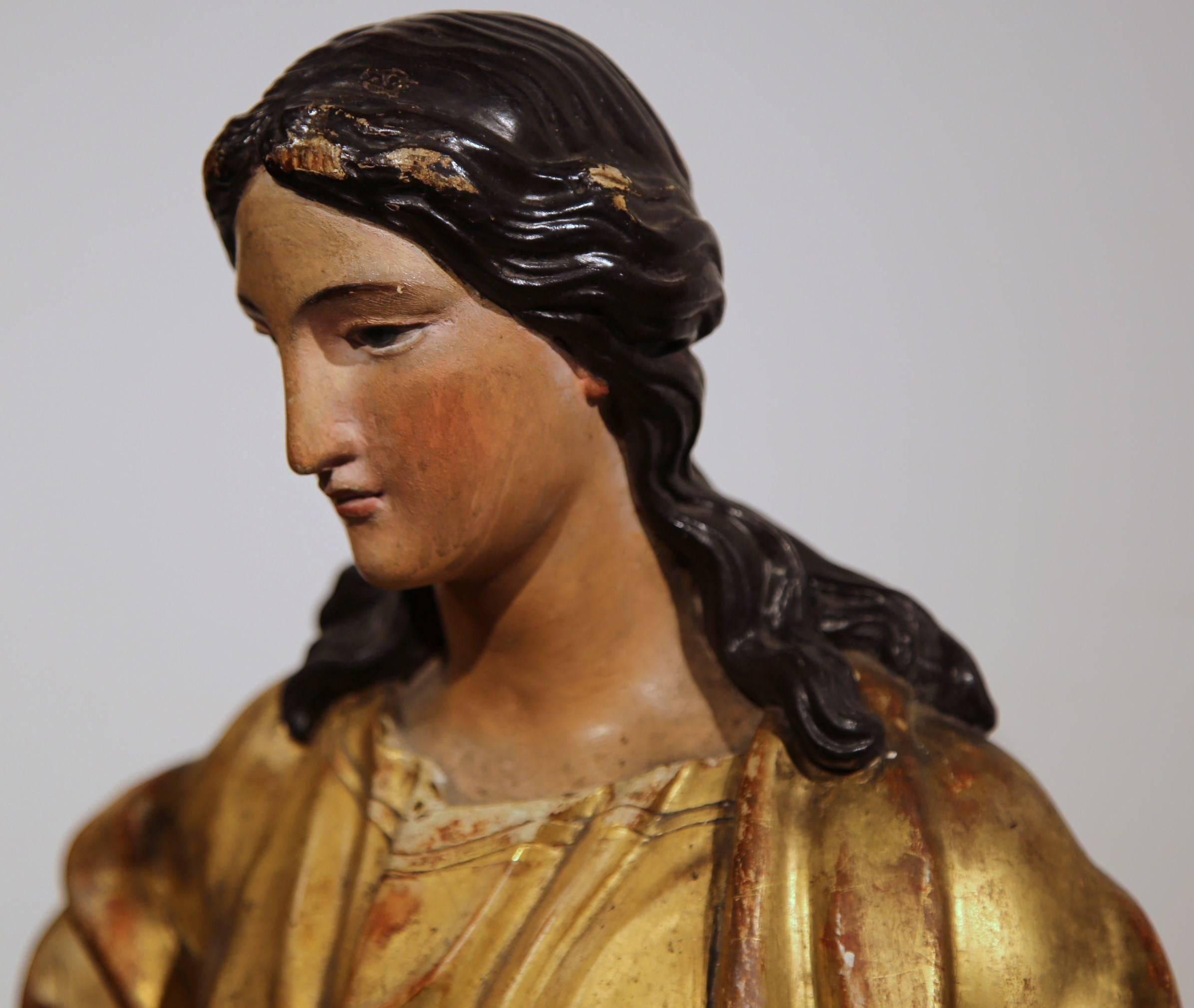 Giltwood 19th Century French Carved and Gilded Virgin Mary Statue Standing on Globe
