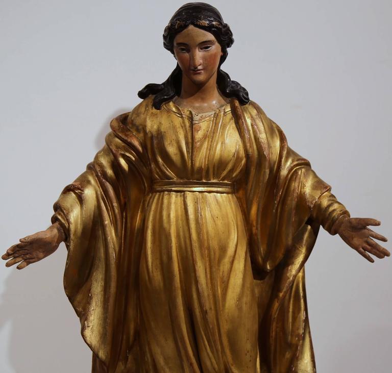 19th Century French Carved and Gilded Virgin Mary Statue Standing on