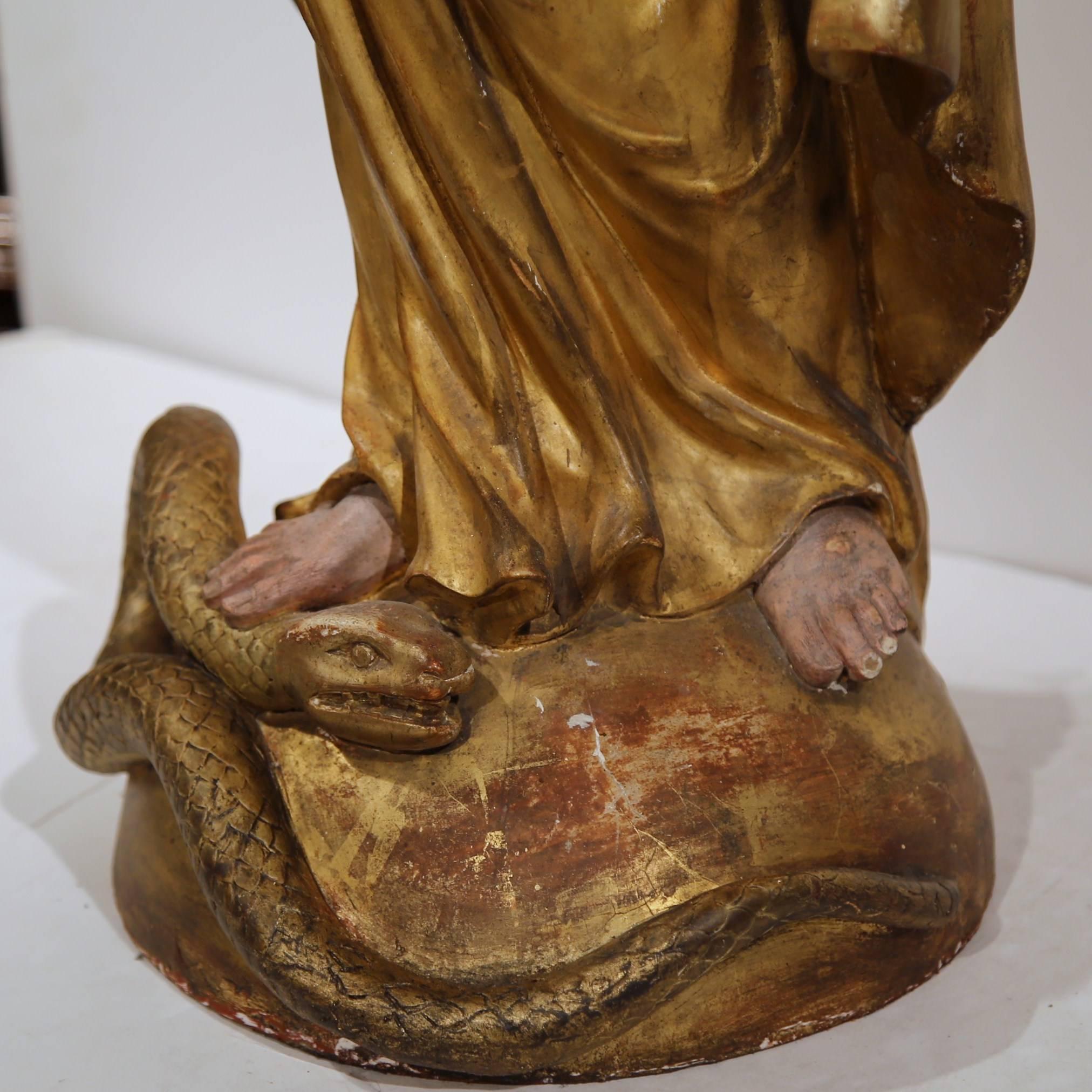 19th Century French Carved and Gilded Virgin Mary Statue Standing on Globe 1