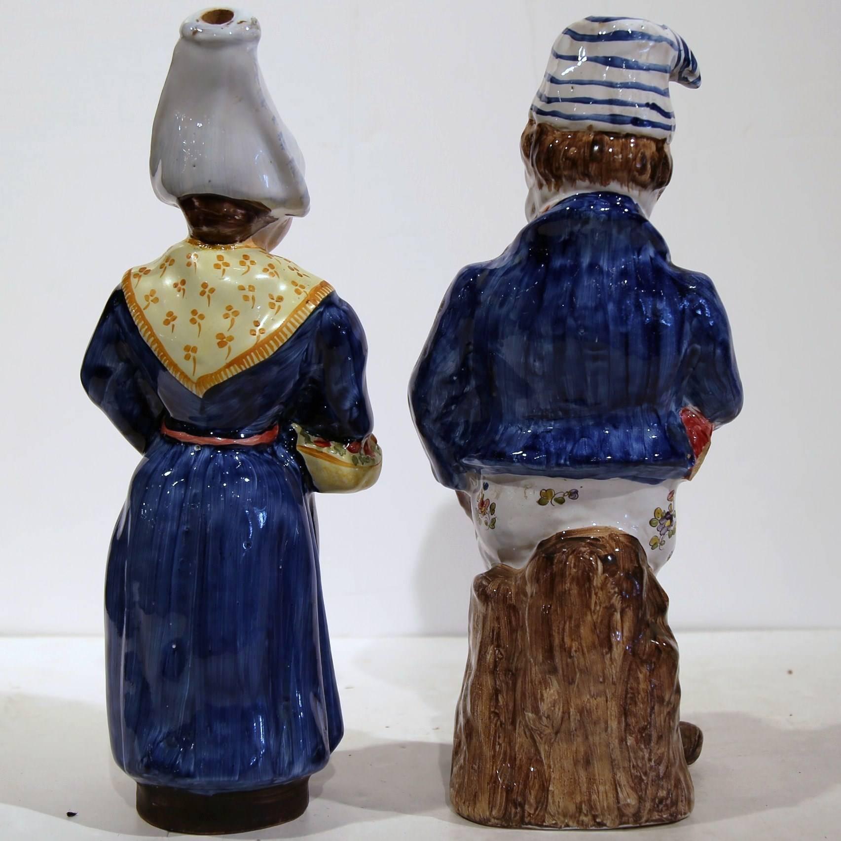 Pair of 19th Century French Hand-Painted Faience Figurines Marked QR In Excellent Condition In Dallas, TX