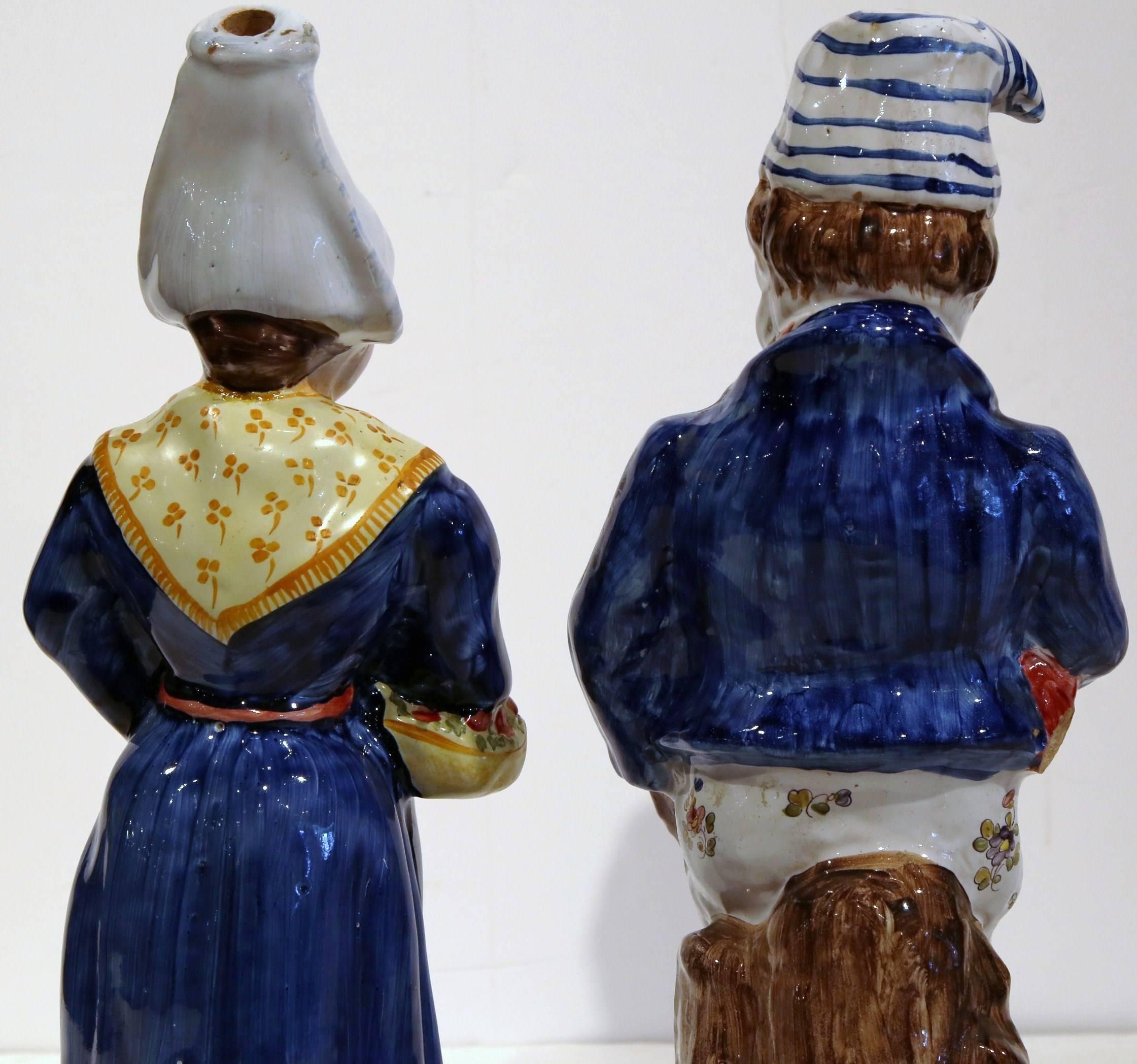 Pair of 19th Century French Hand-Painted Faience Figurines Marked QR 6